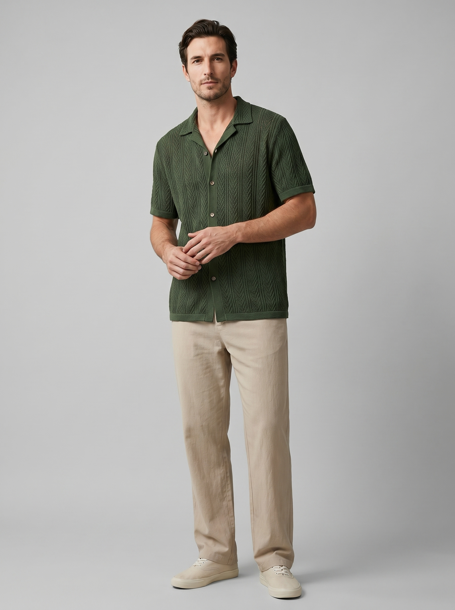 Open-Knit Shirt and Trousers Set for Men - Summer Casual