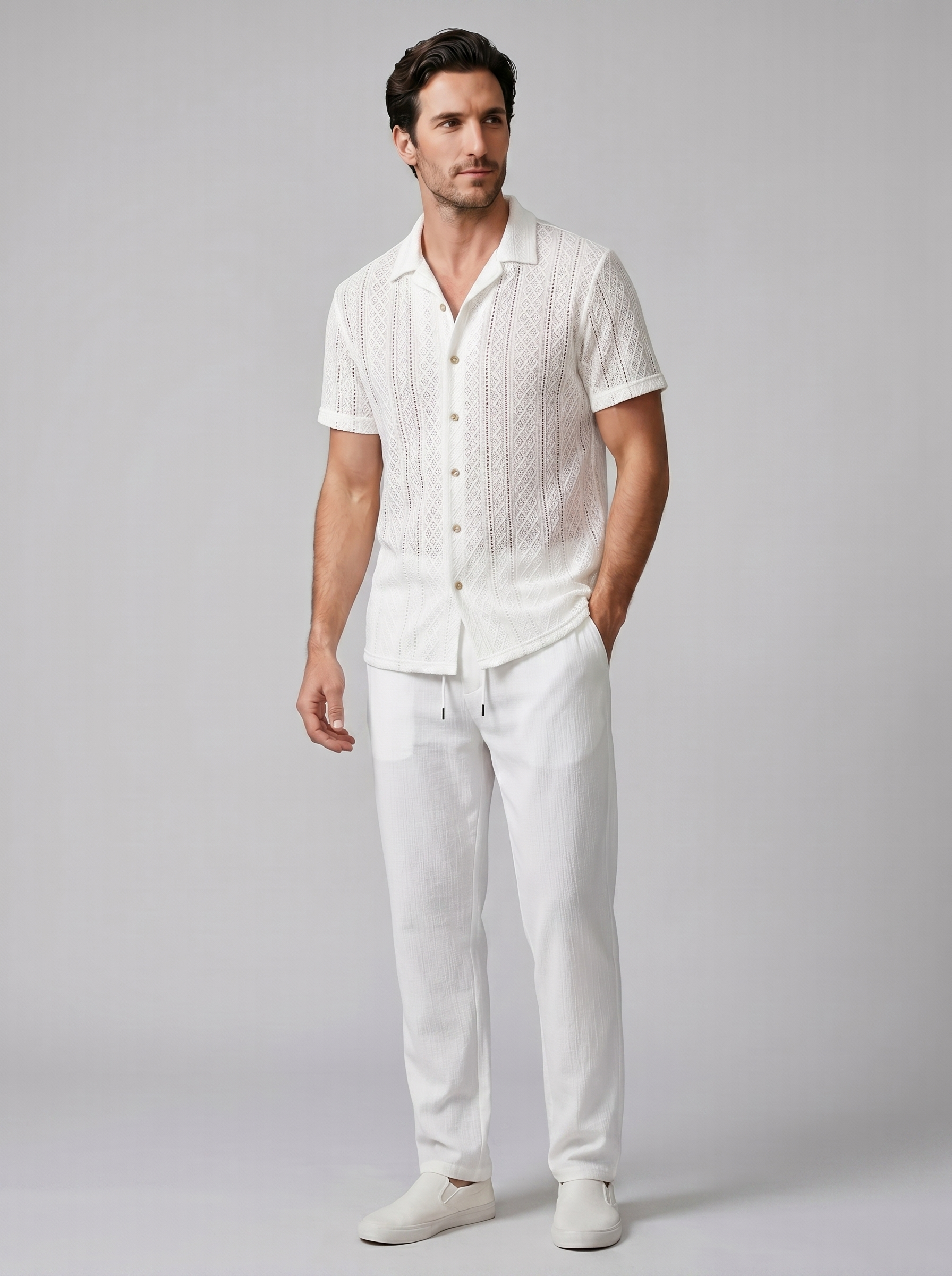 Open-Knit Shirt and Trousers Set for Men - Summer Casual