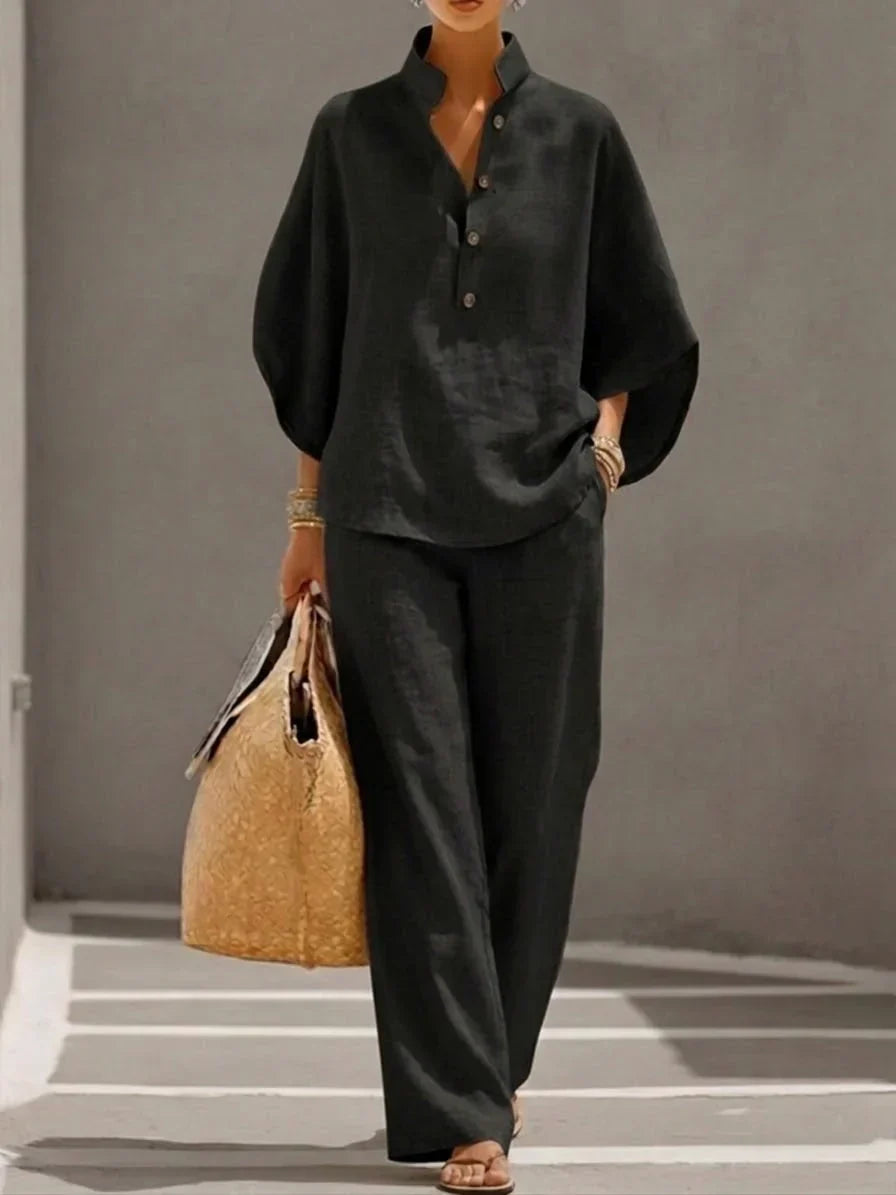 Two-Piece Linen Summer Set with Wide Trousers for Women