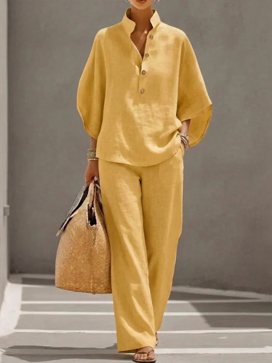 Two-Piece Linen Summer Set with Wide Trousers for Women