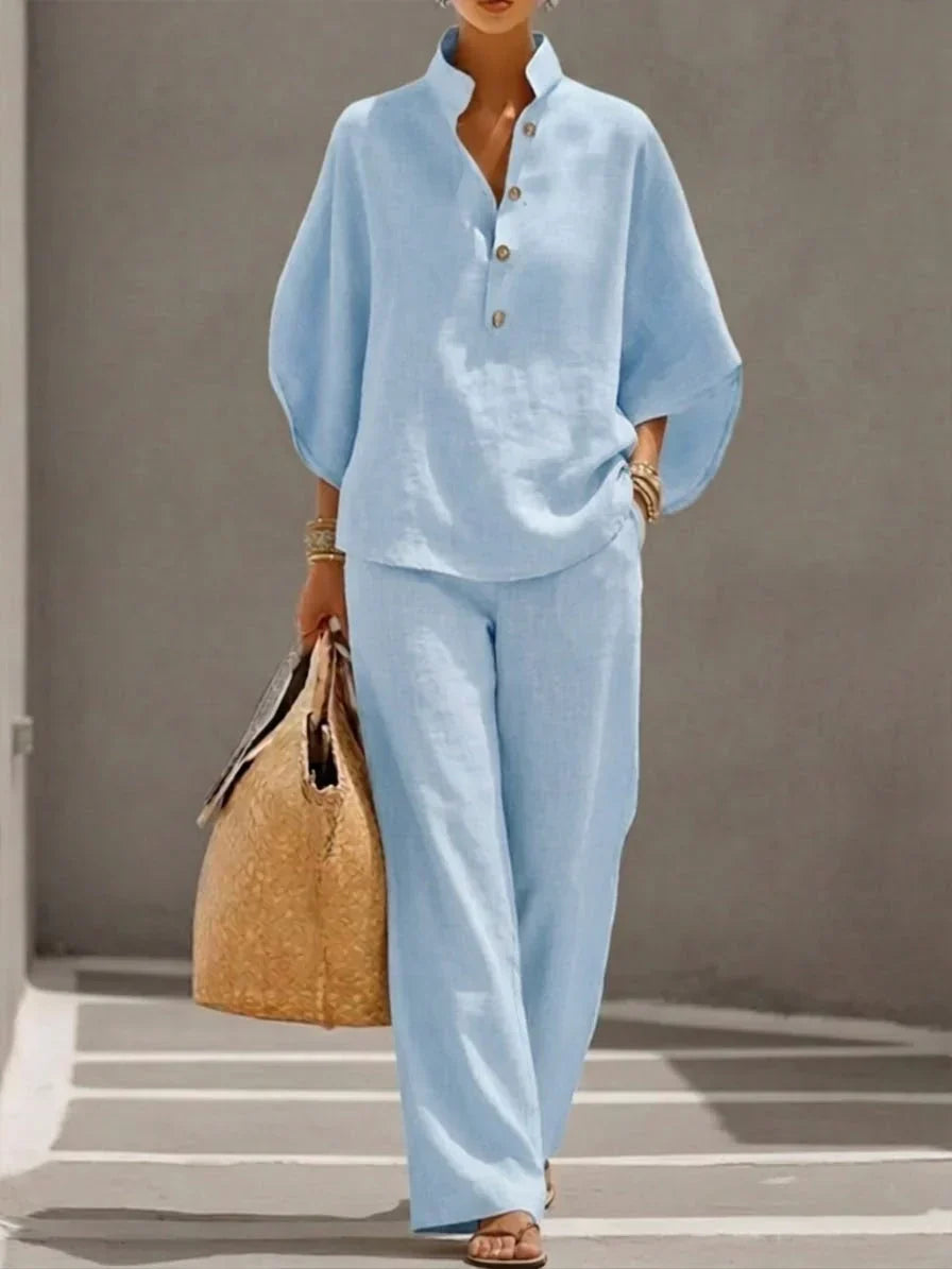 Two-Piece Linen Summer Set with Wide Trousers for Women