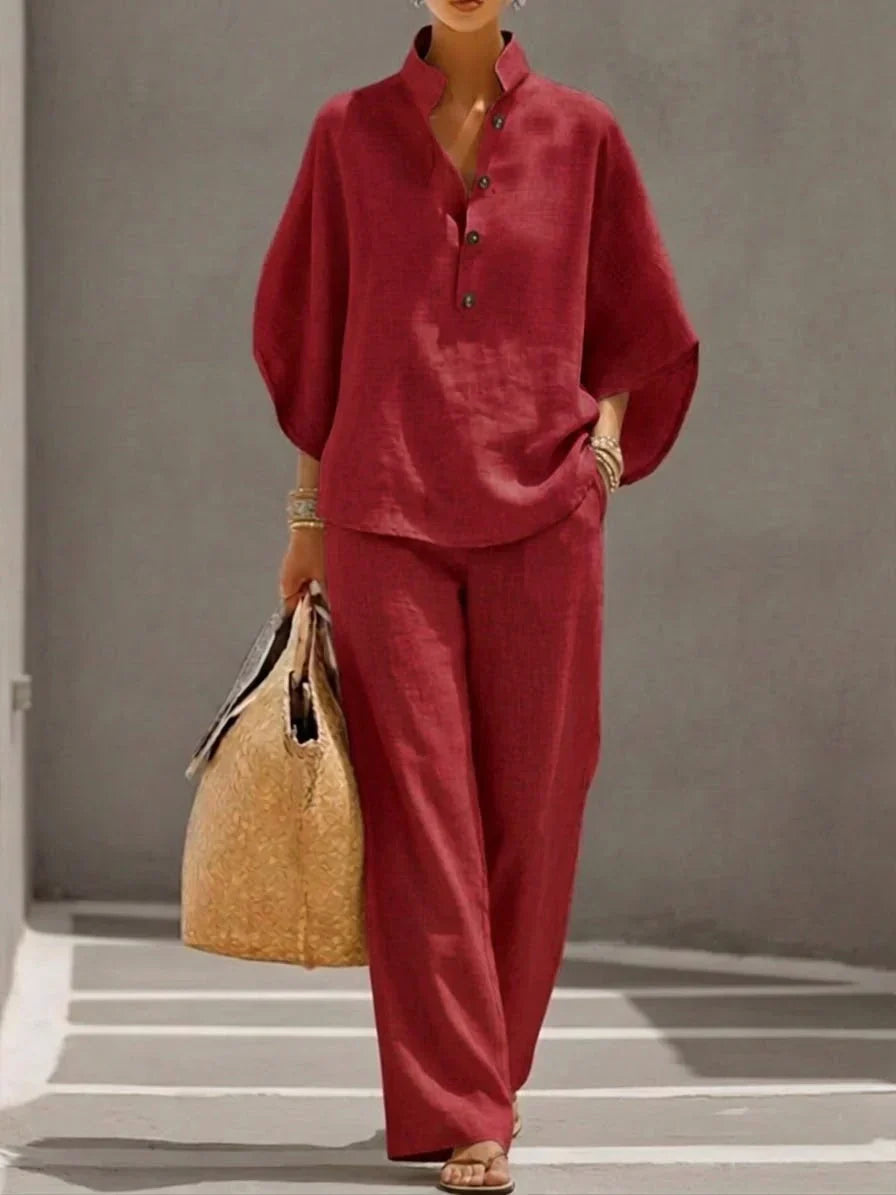 Two-Piece Linen Summer Set with Wide Trousers for Women