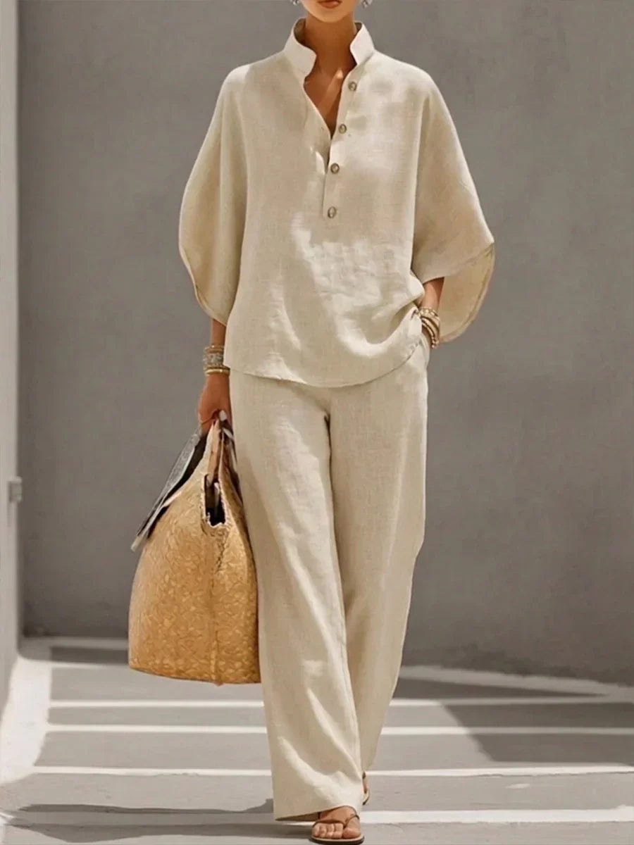 Two-Piece Linen Summer Set with Wide Trousers for Women