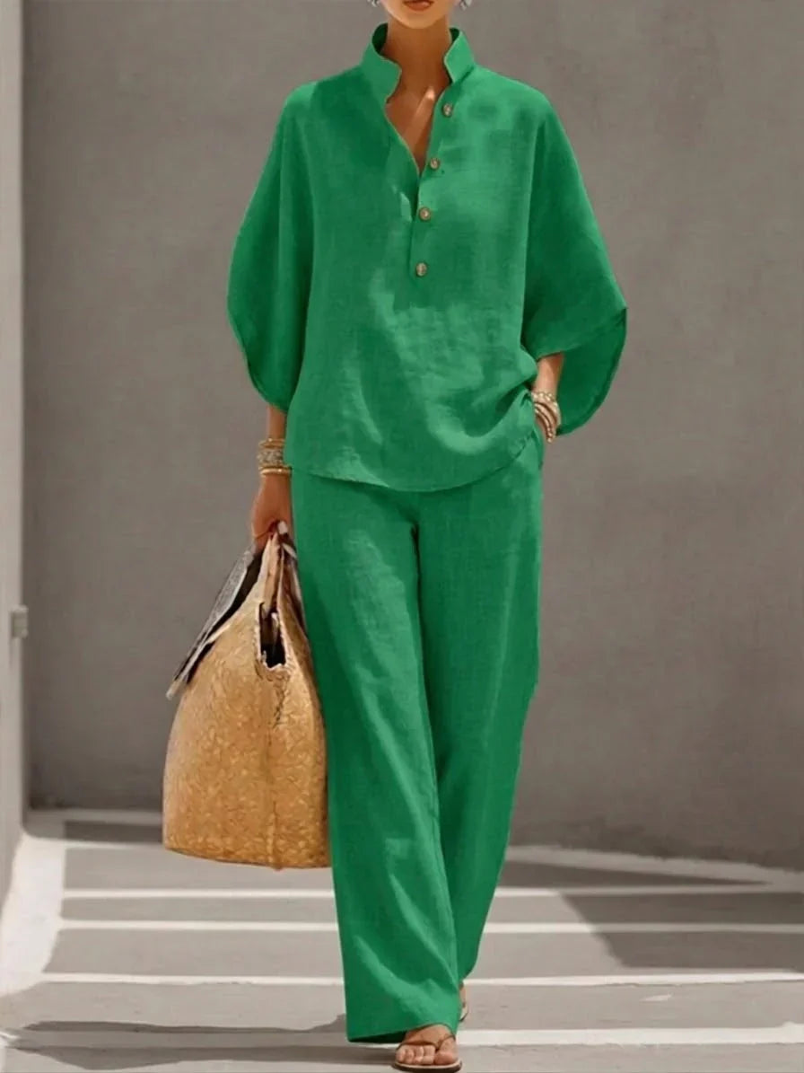 Two-Piece Linen Summer Set with Wide Trousers for Women