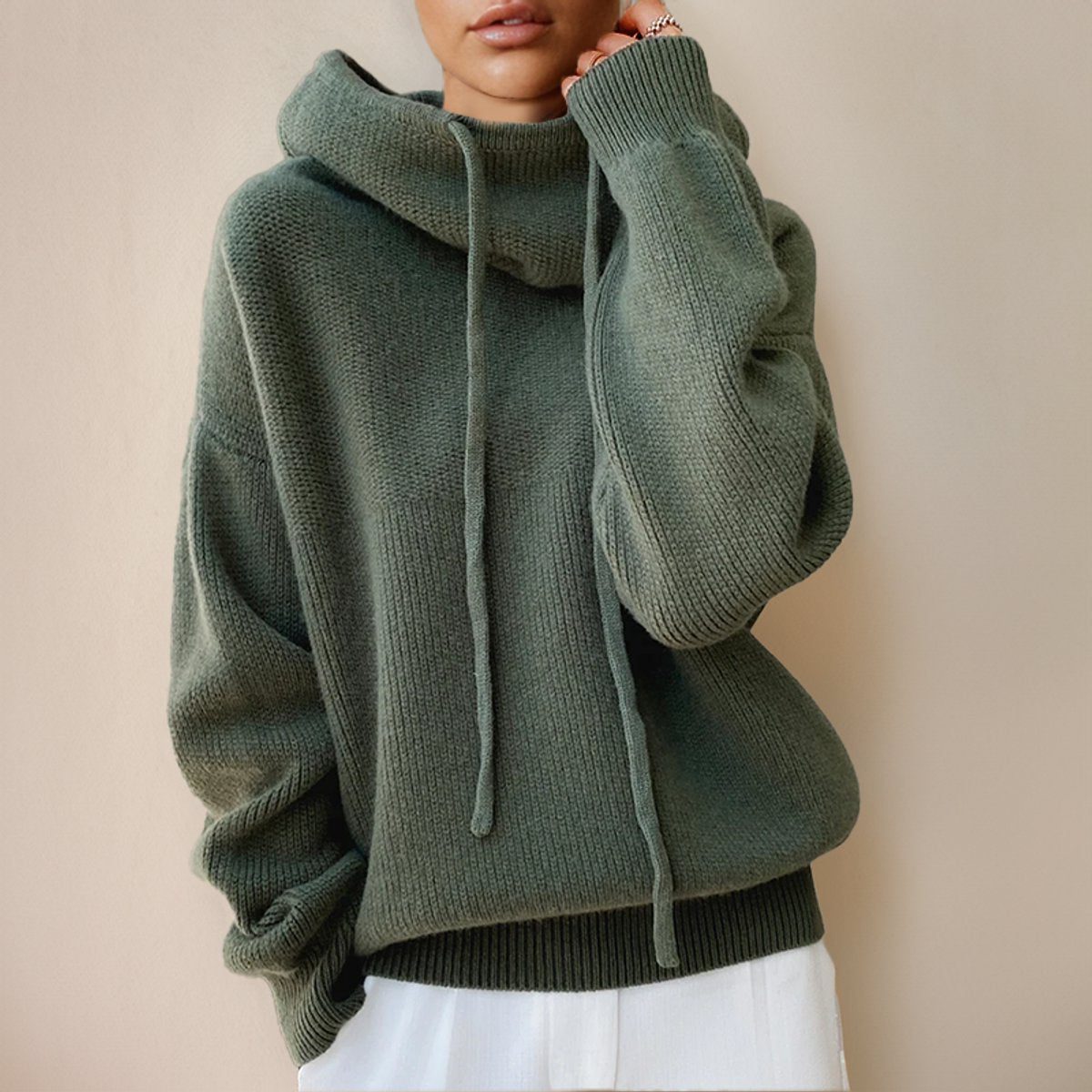 Women's Oversized Fine Knit Hoodie with Roll Neck