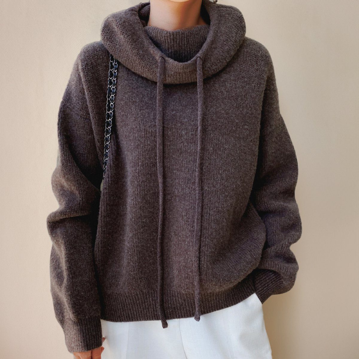 Women's Oversized Fine Knit Hoodie with Roll Neck