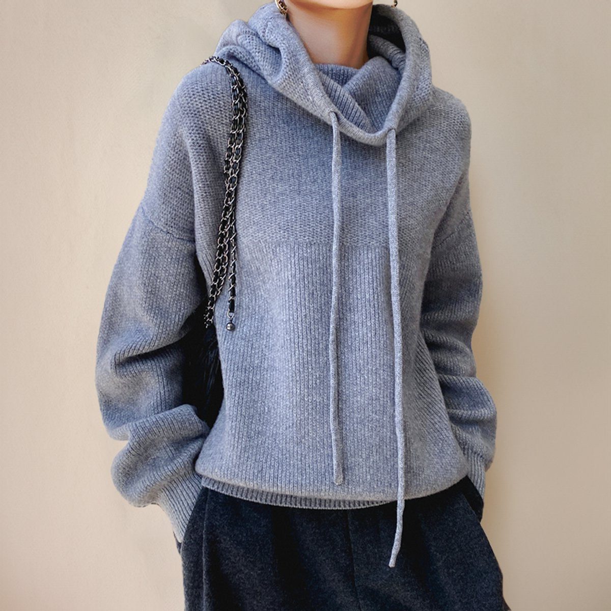 Women's Oversized Fine Knit Hoodie with Roll Neck