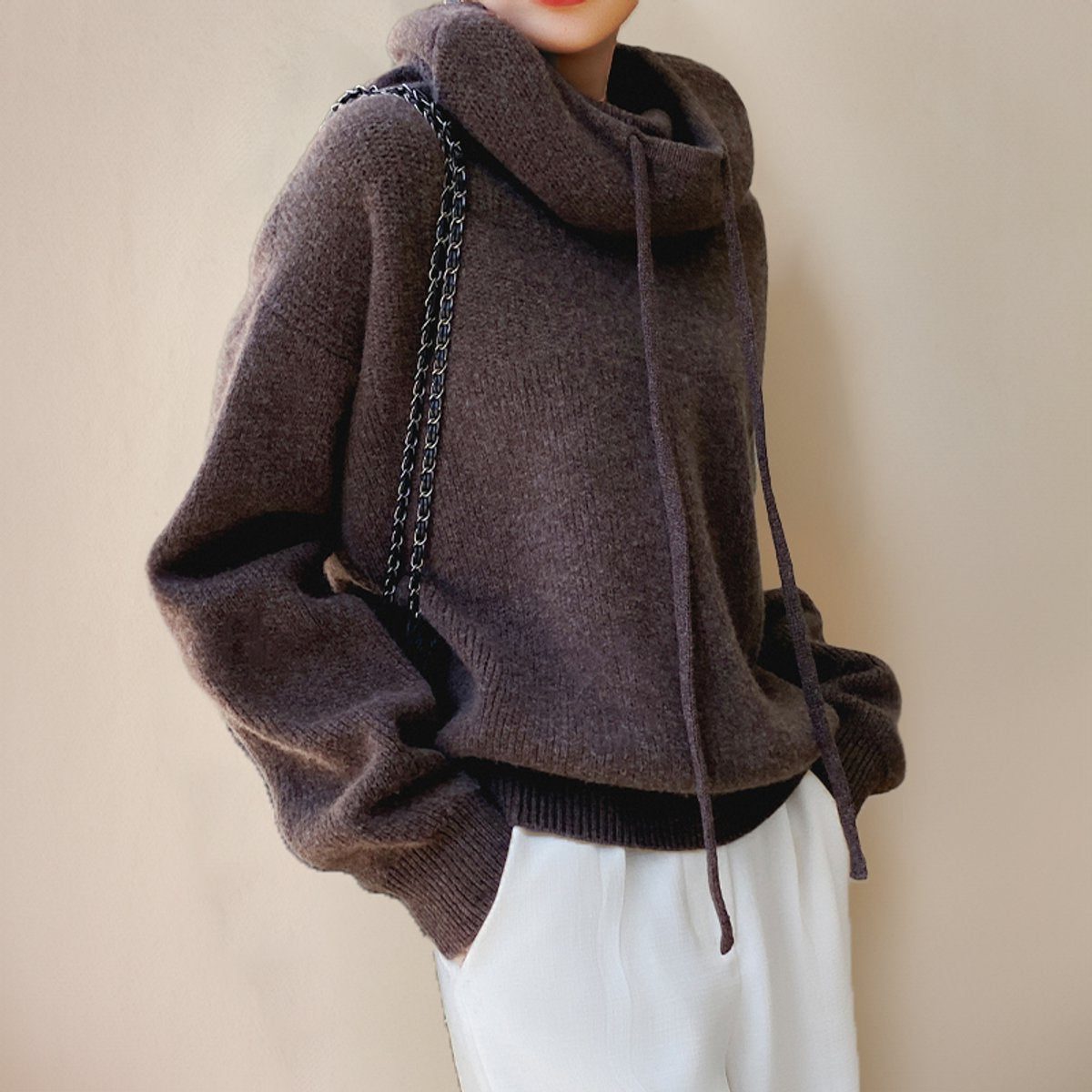 Women's Oversized Fine Knit Hoodie with Roll Neck