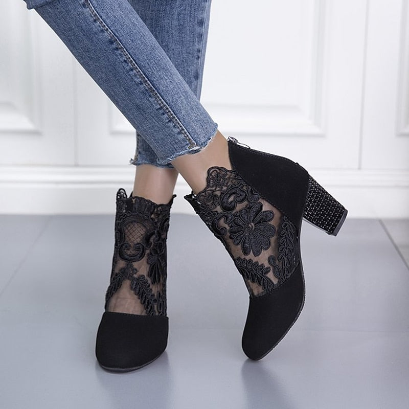 Helena | Floral Lace Ankle Boots with Block Heel
