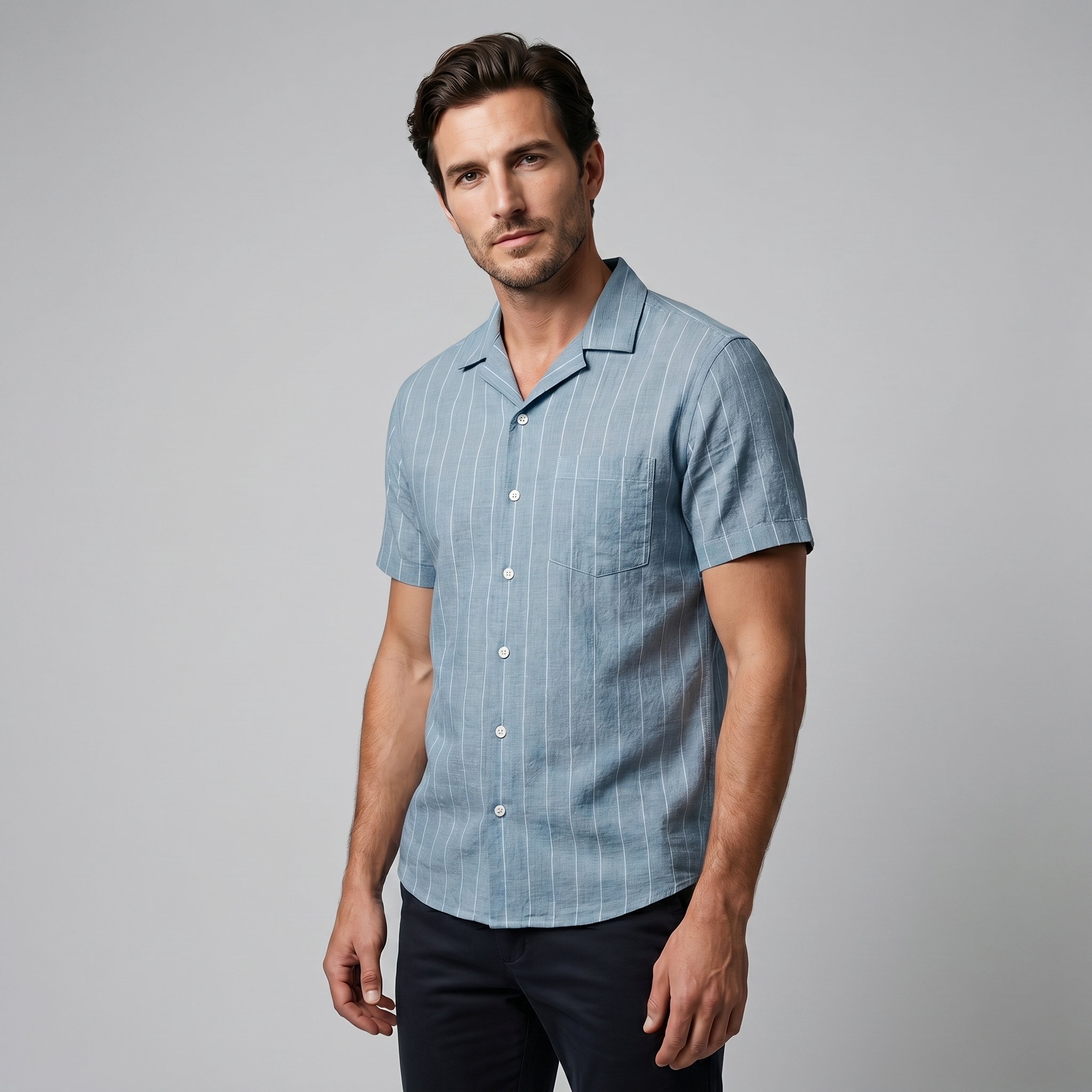 Pinstripe Camp Shirt Men's Short Sleeves Casual Summer