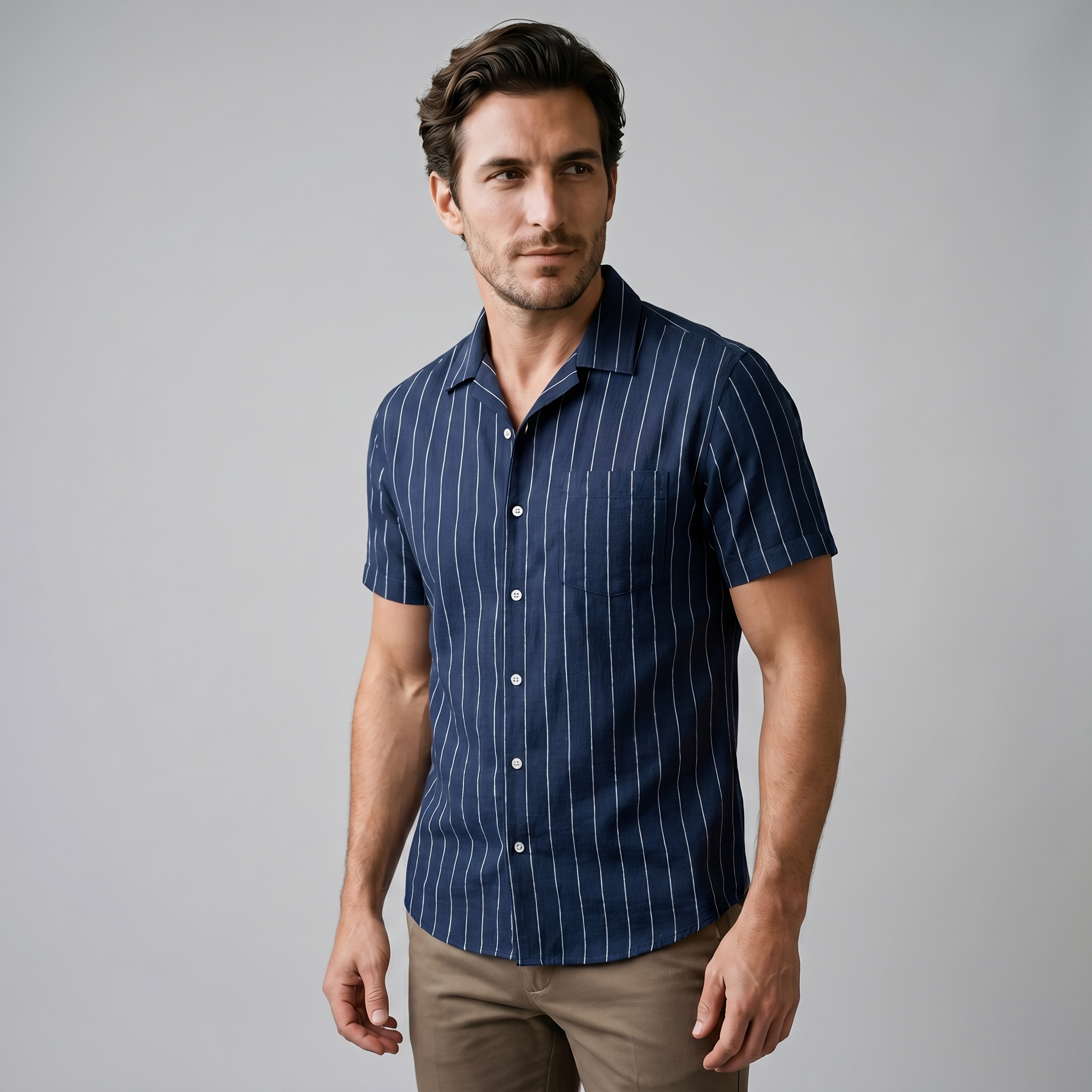 Pinstripe Camp Shirt Men's Short Sleeves Casual Summer