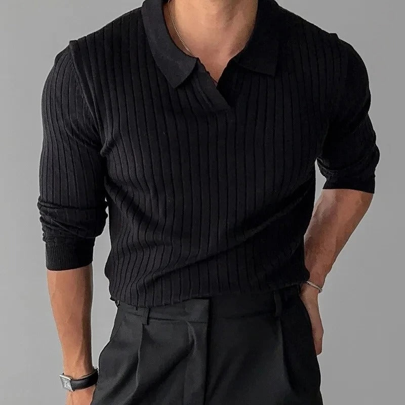 Men's Long Sleeve V-Neck Slim Fit Casual Polo
