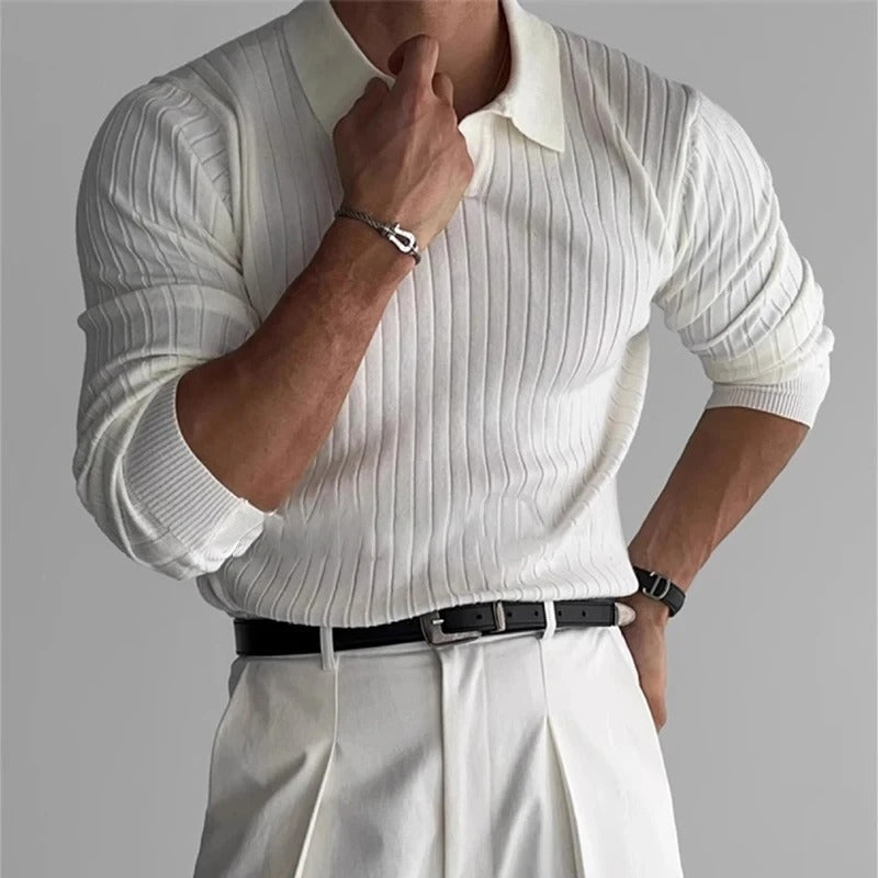 Men's Long Sleeve V-Neck Slim Fit Casual Polo