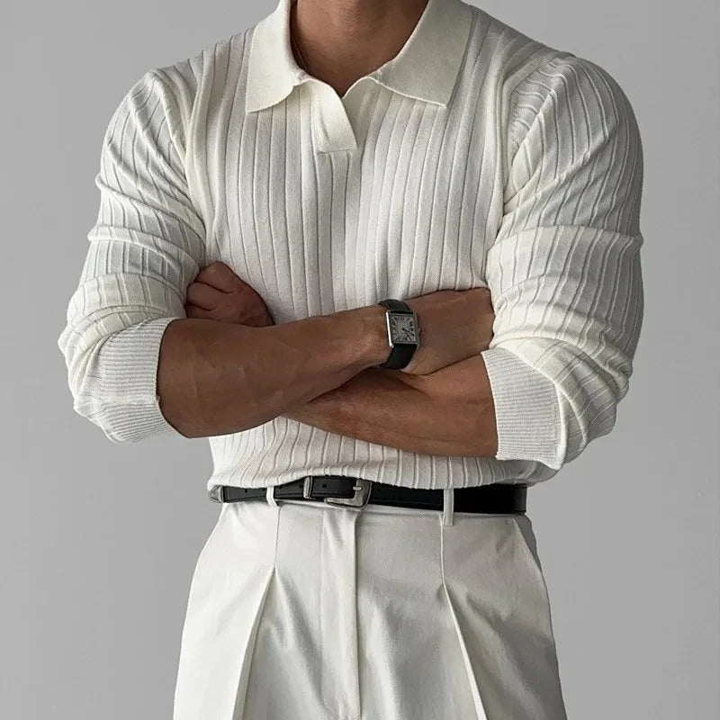 Men's Long Sleeve V-Neck Slim Fit Casual Polo