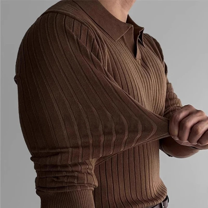 Men's Long Sleeve V-Neck Slim Fit Casual Polo