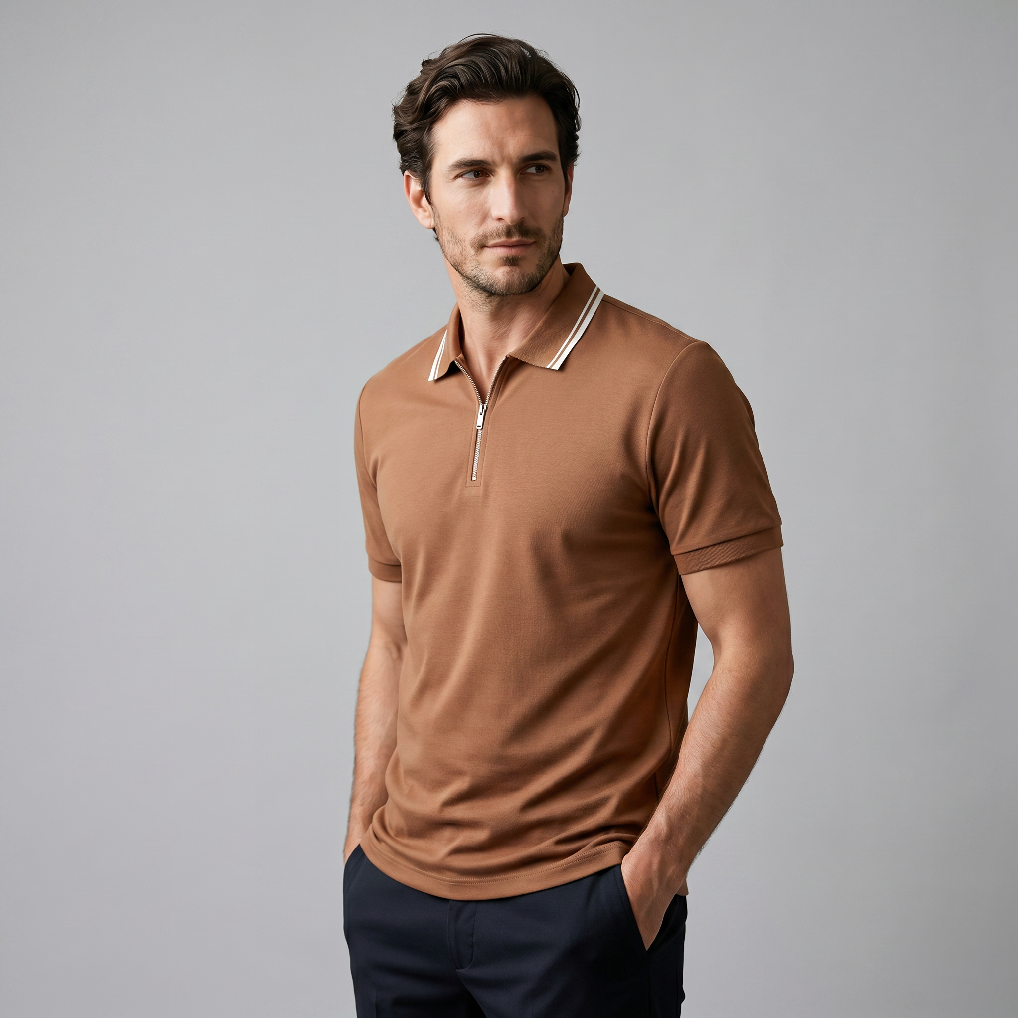 Men's Short Sleeve Polo Shirt with Zip Casual