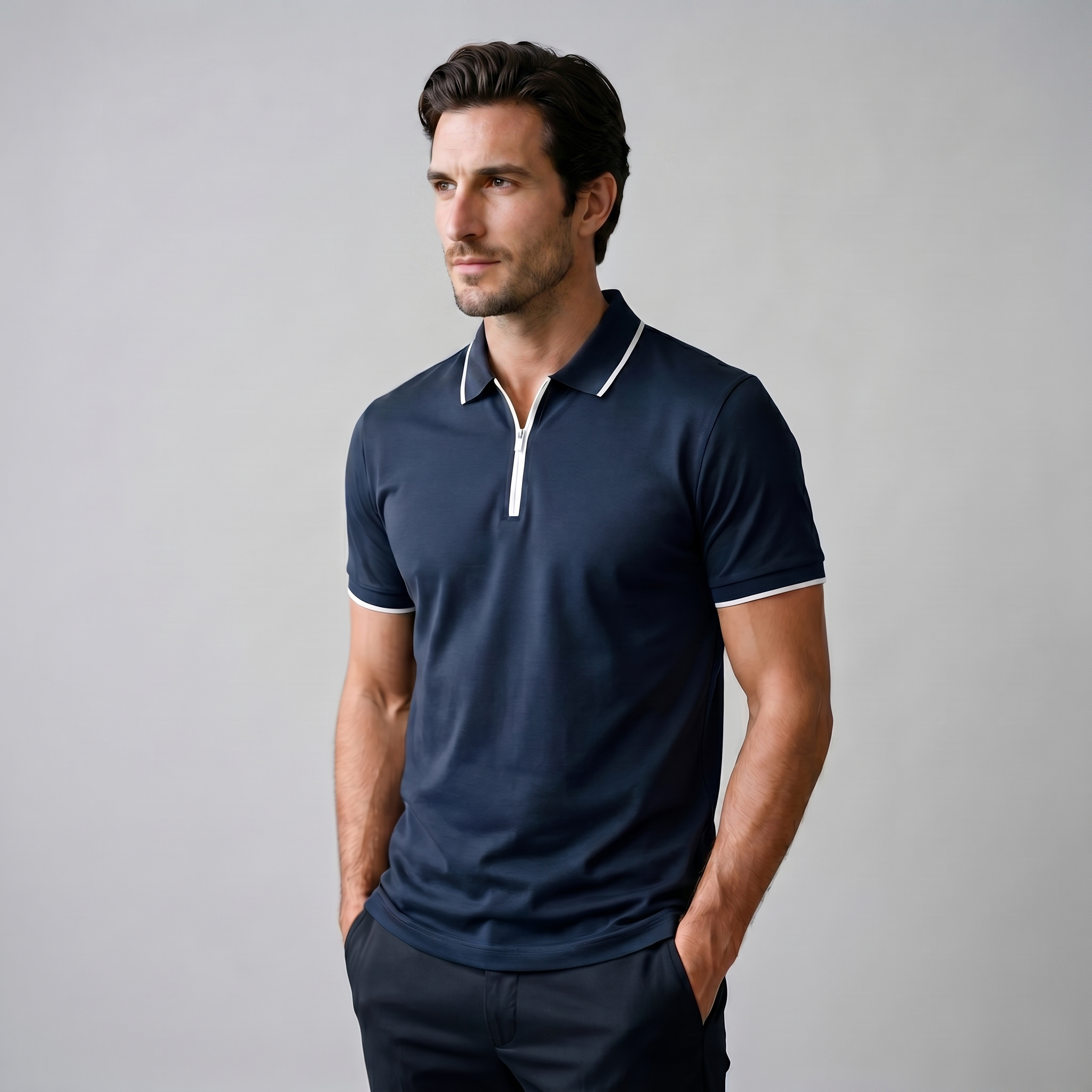 Men's Short Sleeve Polo Shirt with Zip Casual