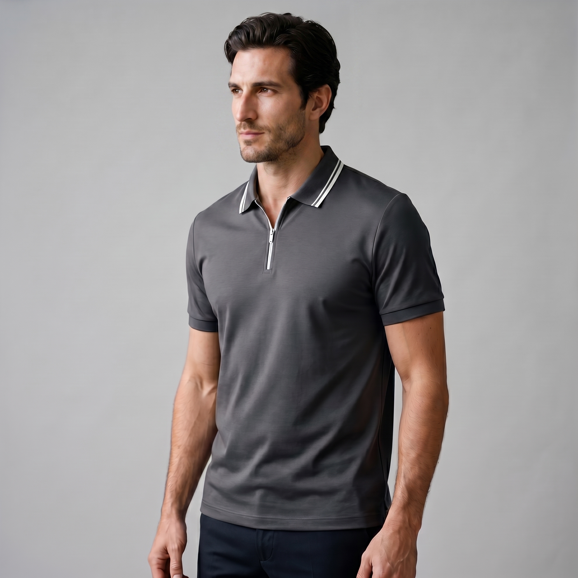 Men's Short Sleeve Polo Shirt with Zip Casual