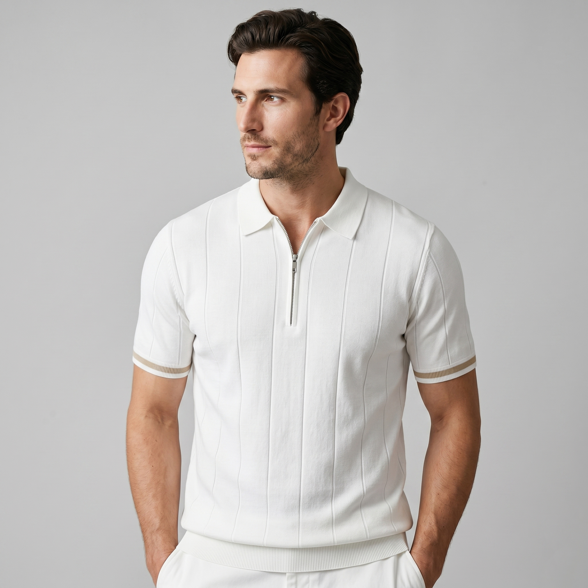 Men's Vertical Stripe Zip-Neck Polo