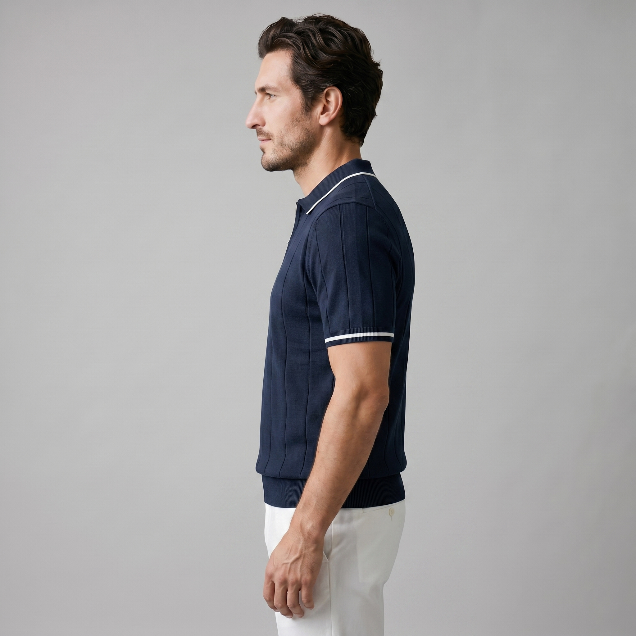 Men's Vertical Stripe Zip-Neck Polo