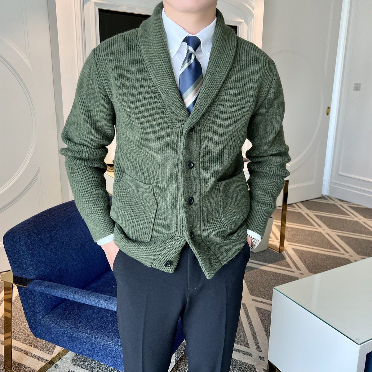 Ribbed Cardigan for Men with Lapel Collar