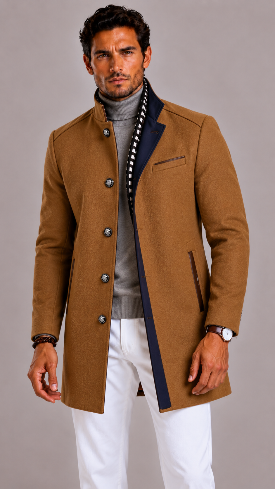 Men's Wool Blend Trench Coat with Double Breasted Closure