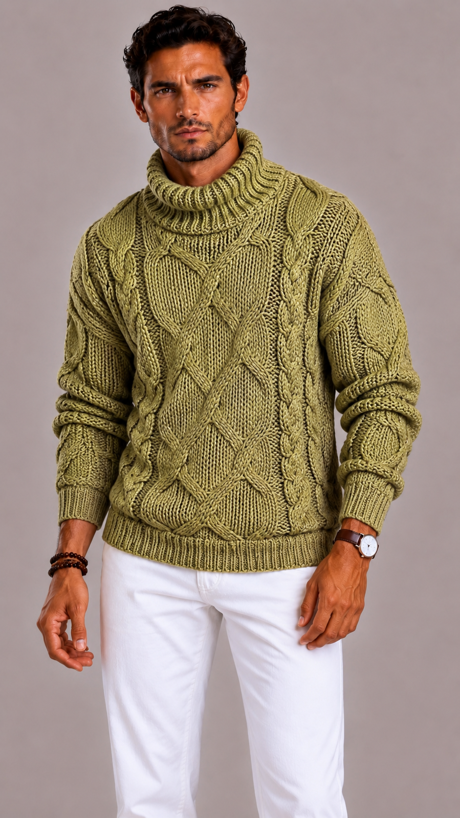 Men's Cable Knit Turtleneck Jumper with Long Sleeves and Ribbed Finish