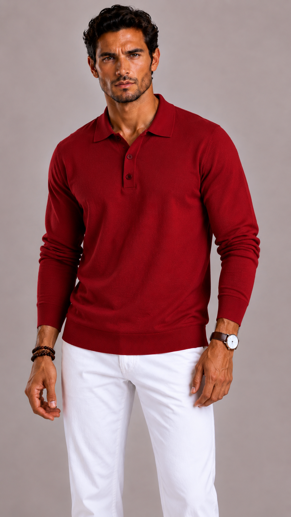 Men's Polo Shirt with Long Sleeves, Collar and Button Closure