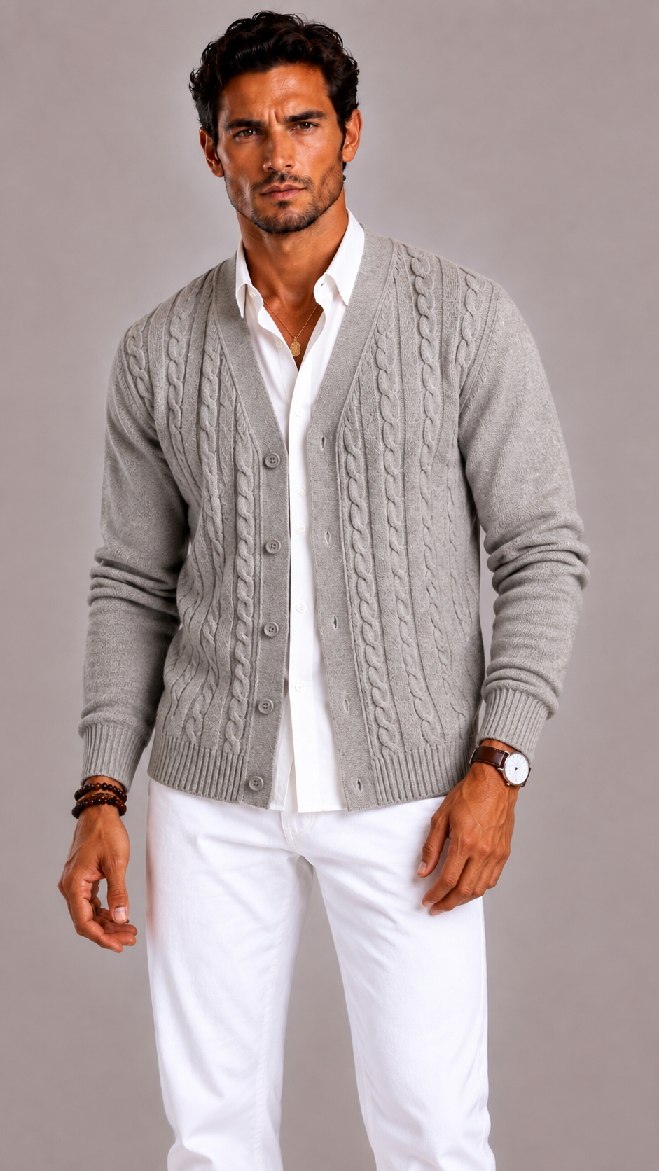 Men's Cable Knit Cardigan with V-Neck and Button Closure