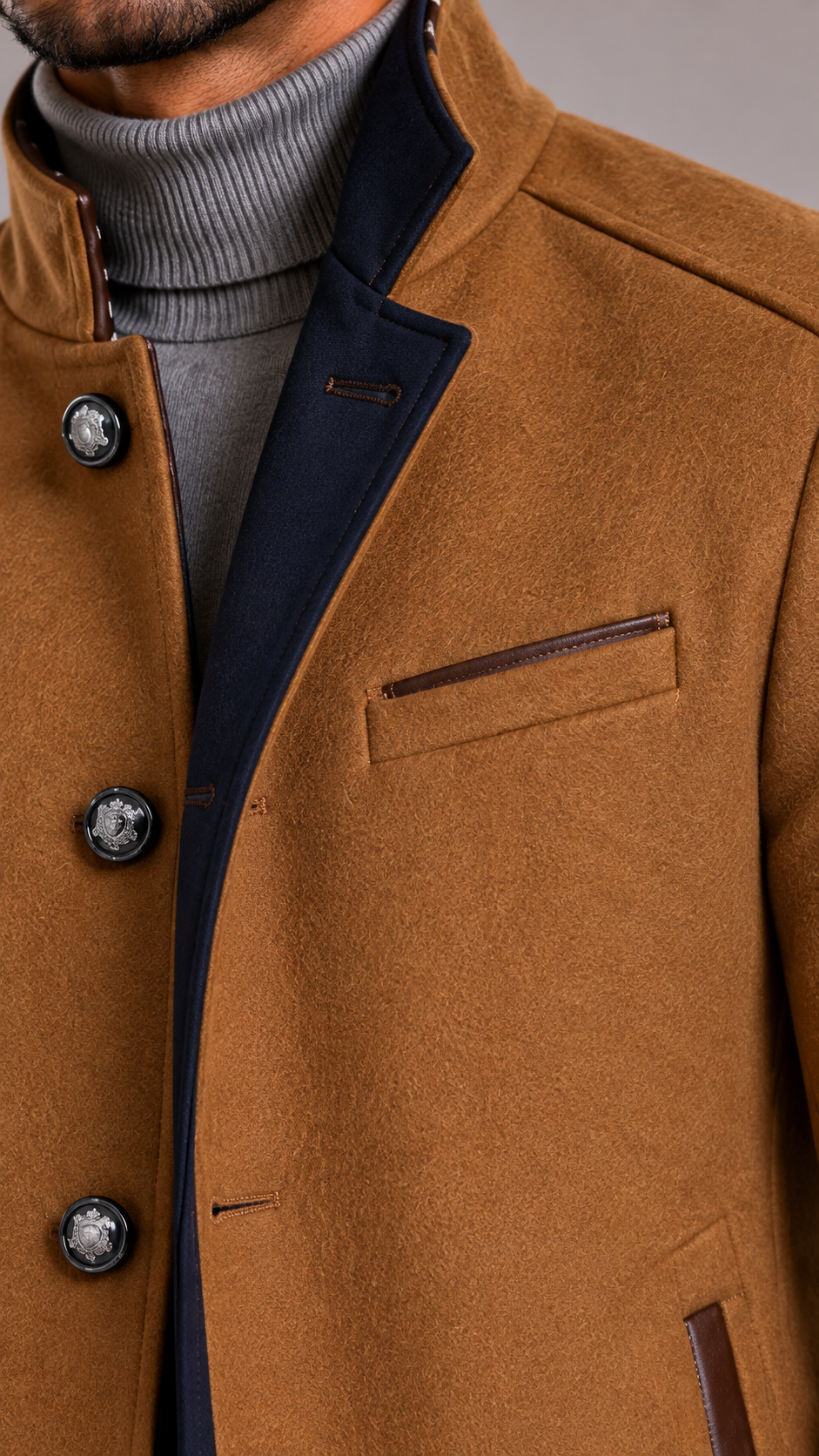 Men's Wool Blend Trench Coat with Double Breasted Closure