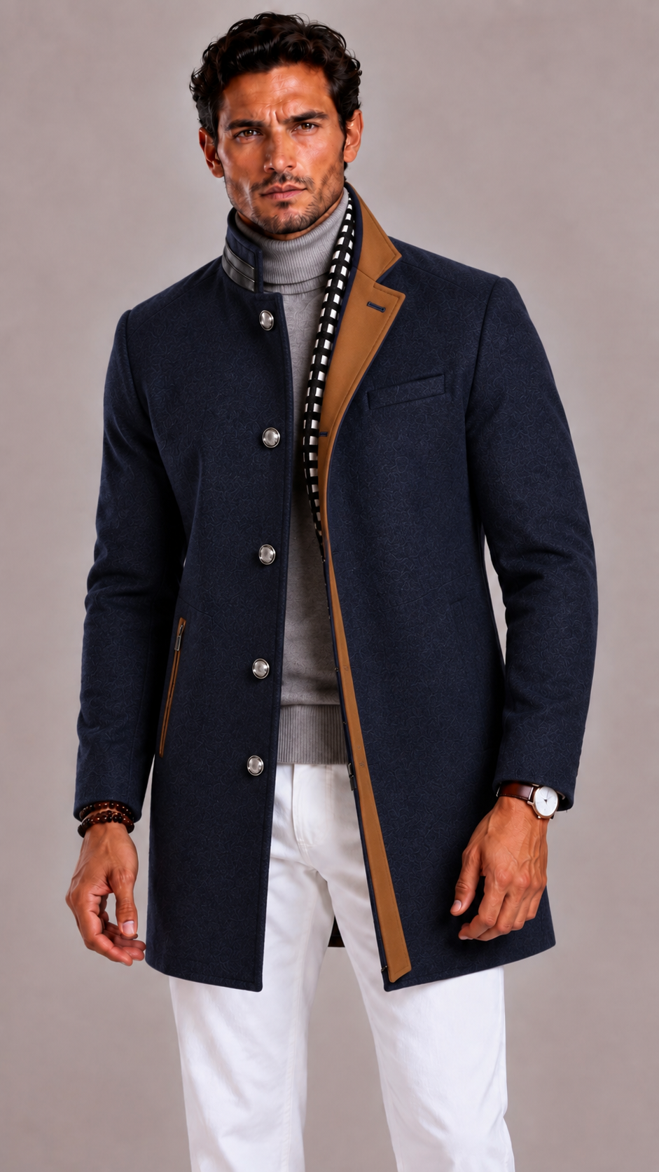 Men's Wool Blend Trench Coat with Double Breasted Closure