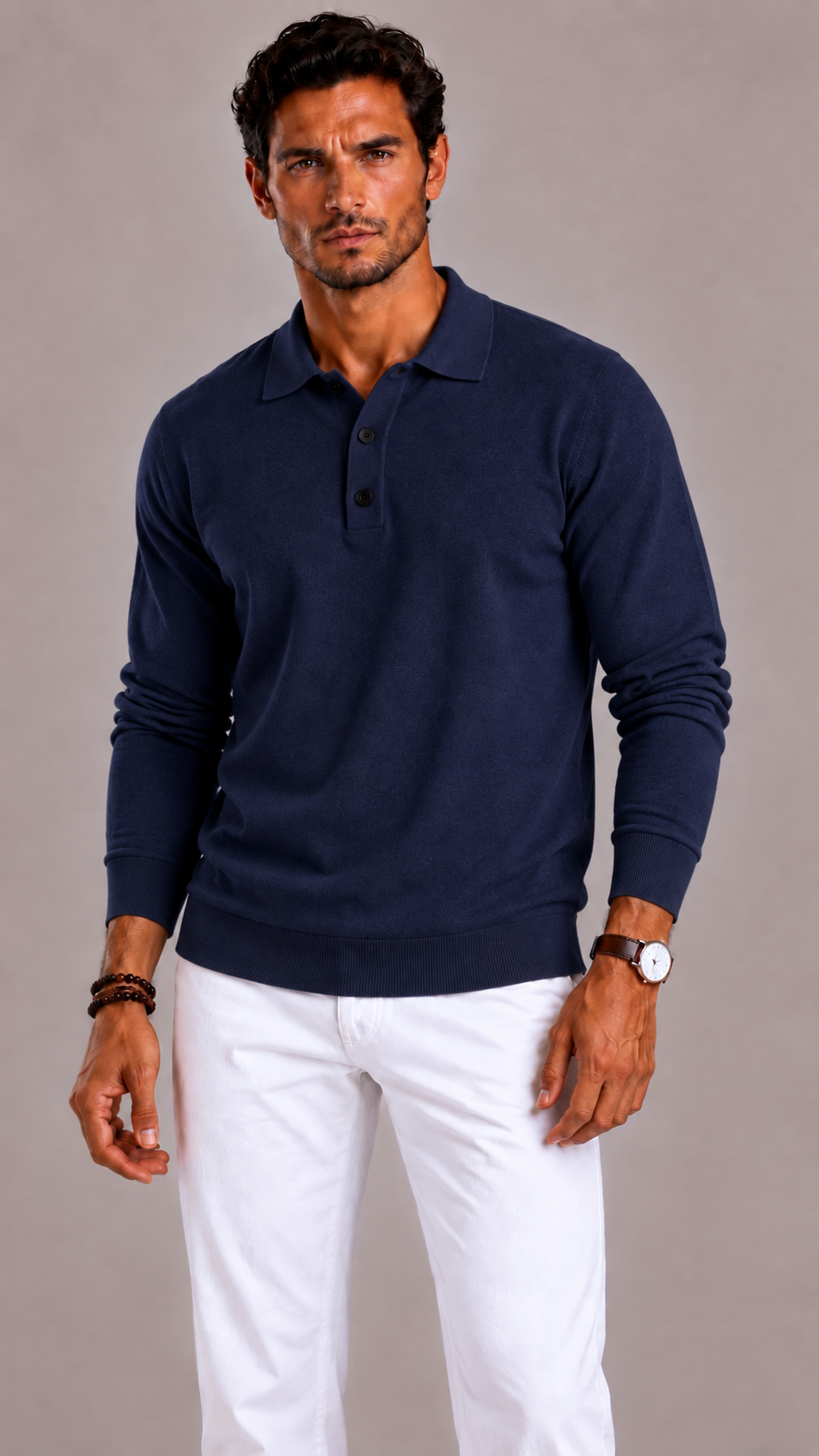 Men's Polo Shirt with Long Sleeves, Collar and Button Closure