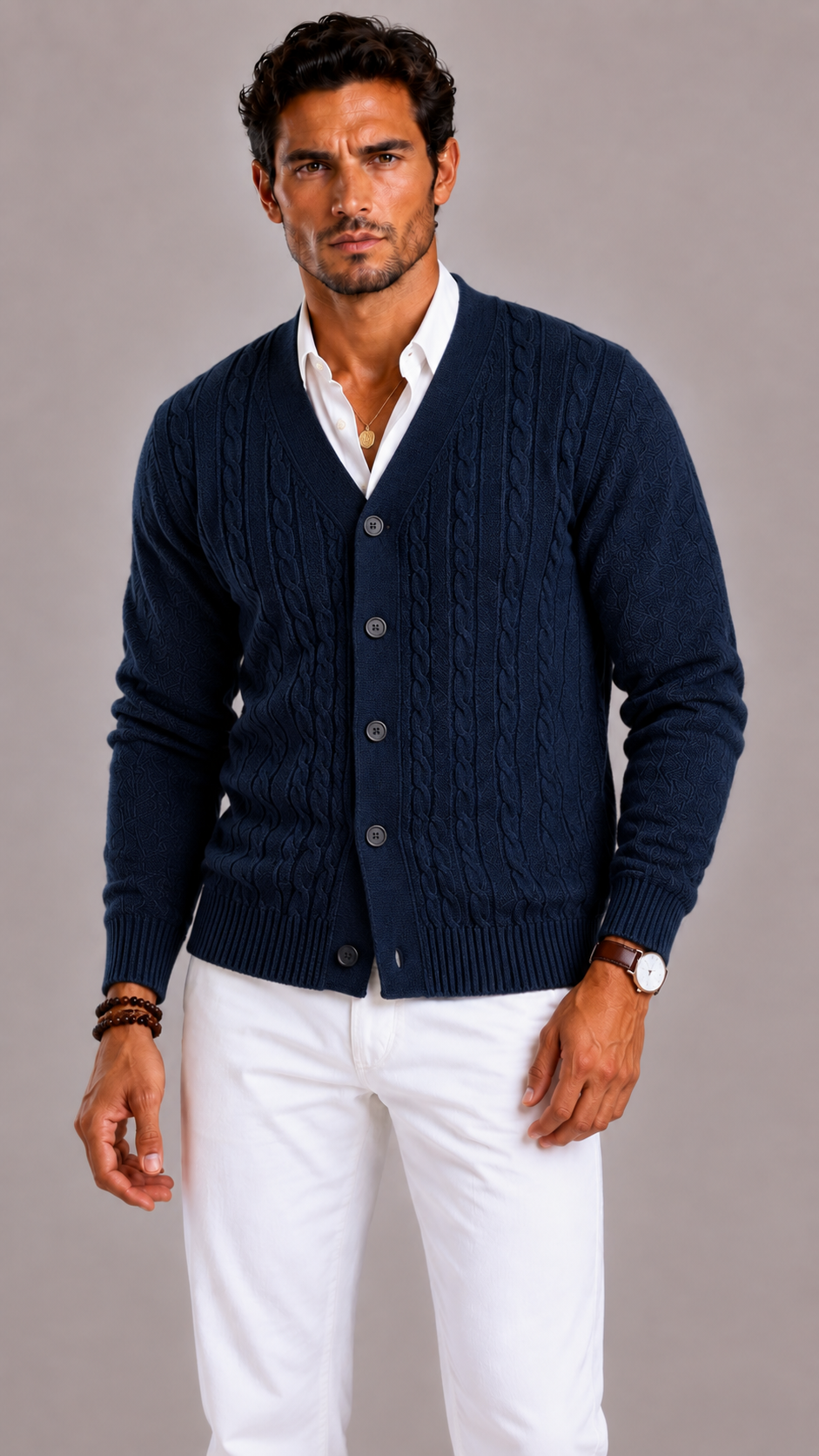 Men's Cable Knit Cardigan with V-Neck and Button Closure