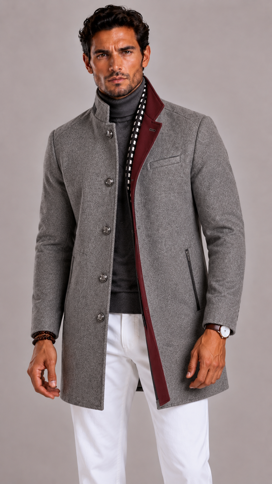 Men's Wool Blend Trench Coat with Double Breasted Closure