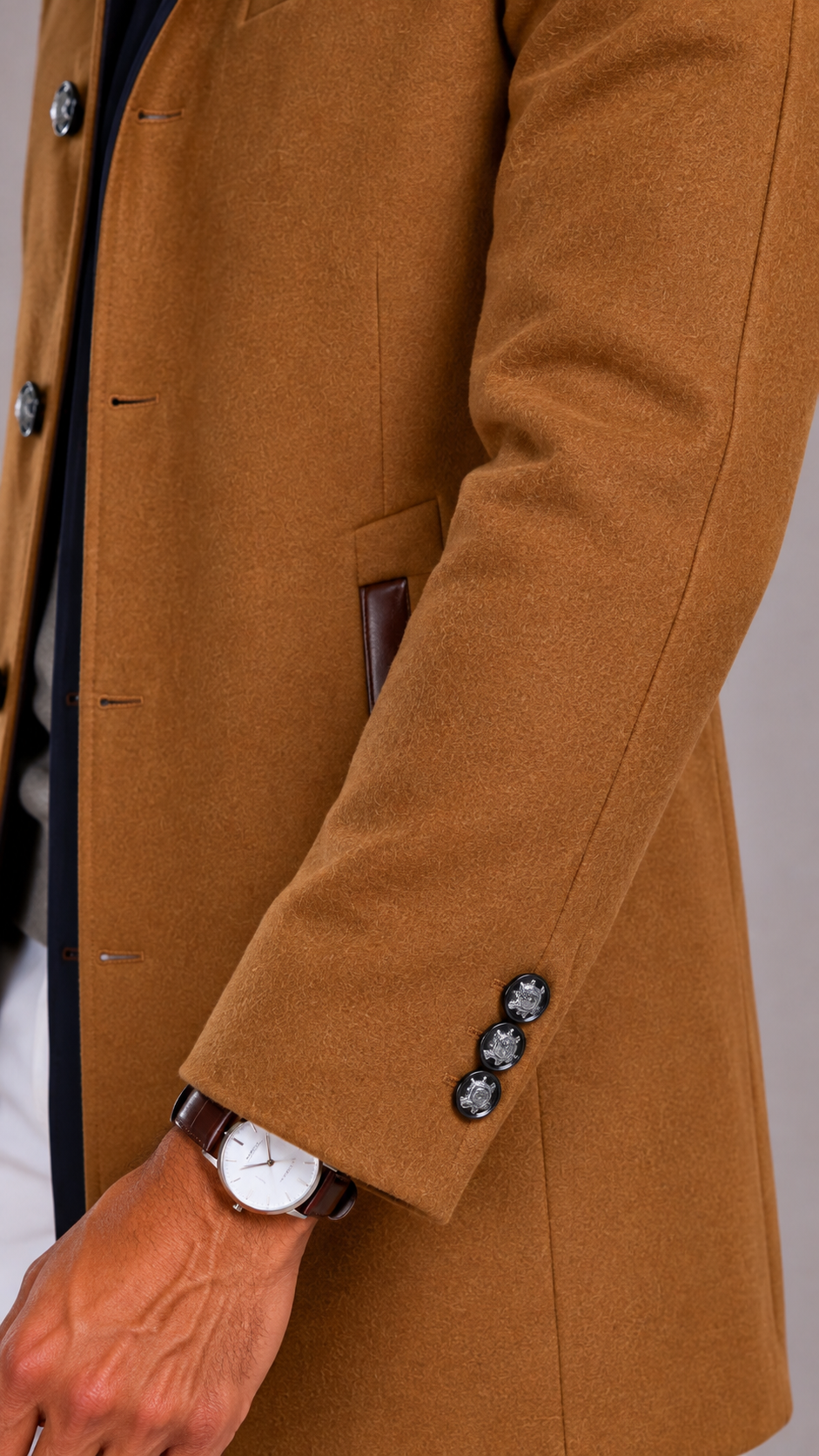 Men's Wool Blend Trench Coat with Double Breasted Closure