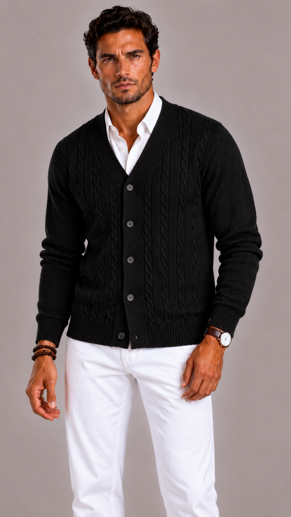 Men's Cable Knit Cardigan with V-Neck and Button Closure