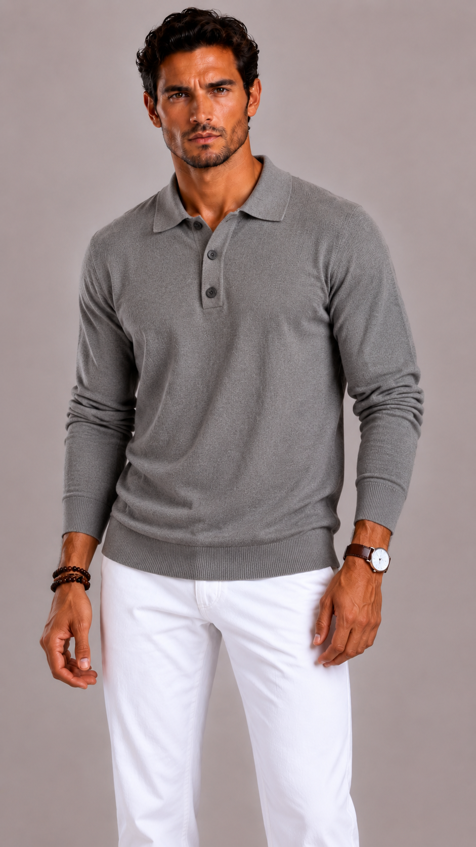 Men's Polo Shirt with Long Sleeves, Collar and Button Closure