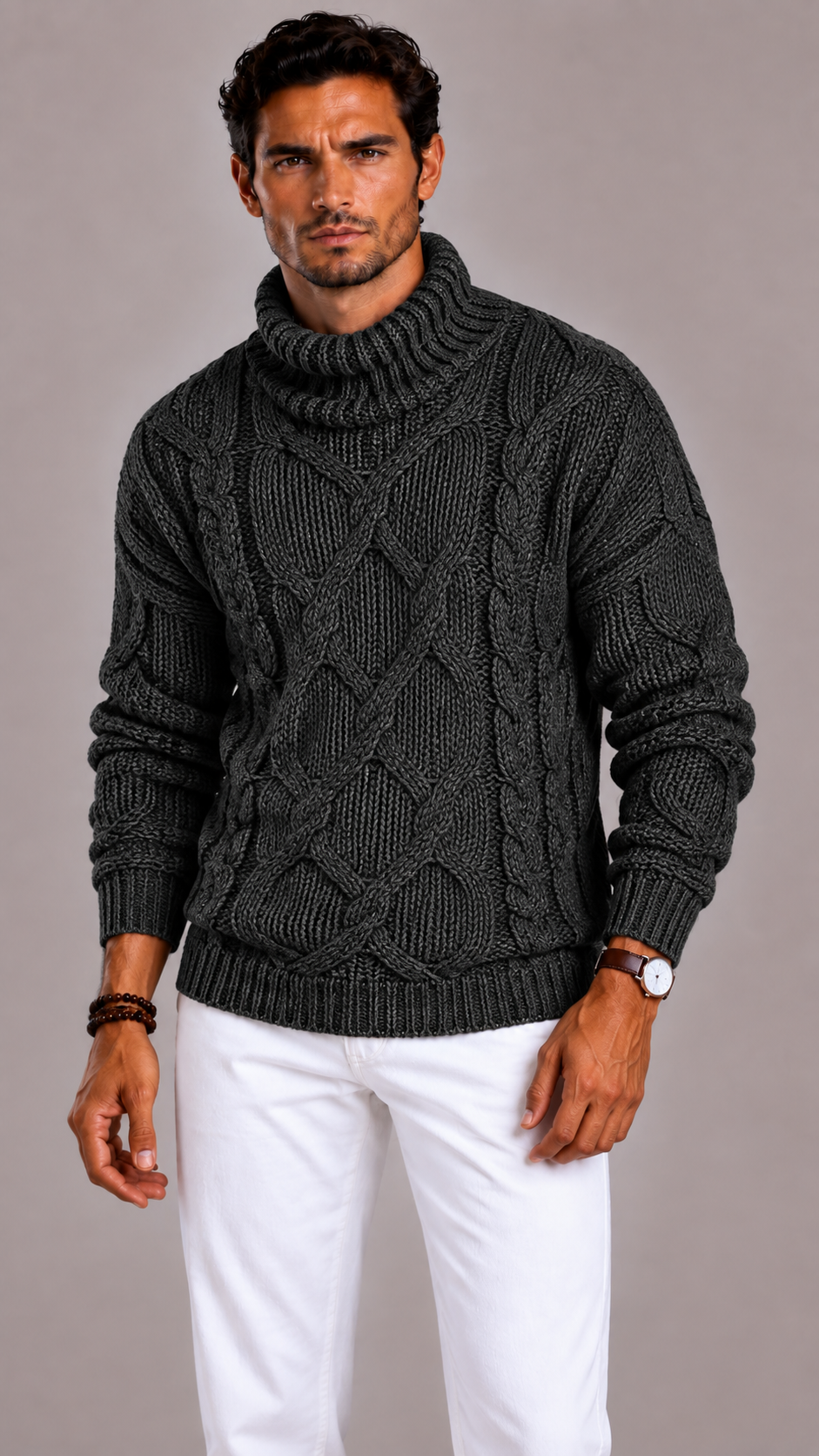 Men's Cable Knit Turtleneck Jumper with Long Sleeves and Ribbed Finish