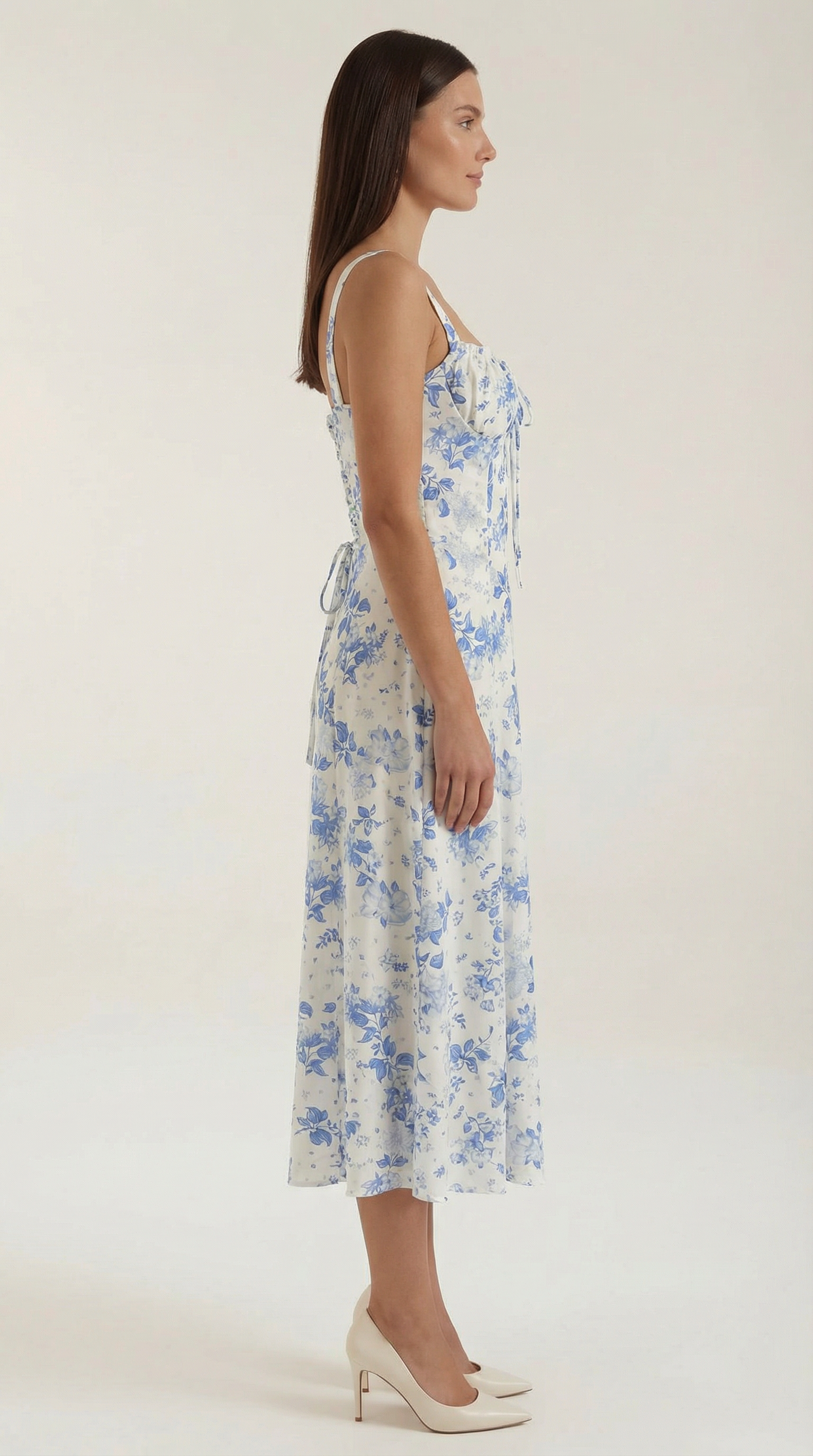 Midi Dress for Women A-Line Vintage Floral Print Heart-Shaped Neck Adjustable Back