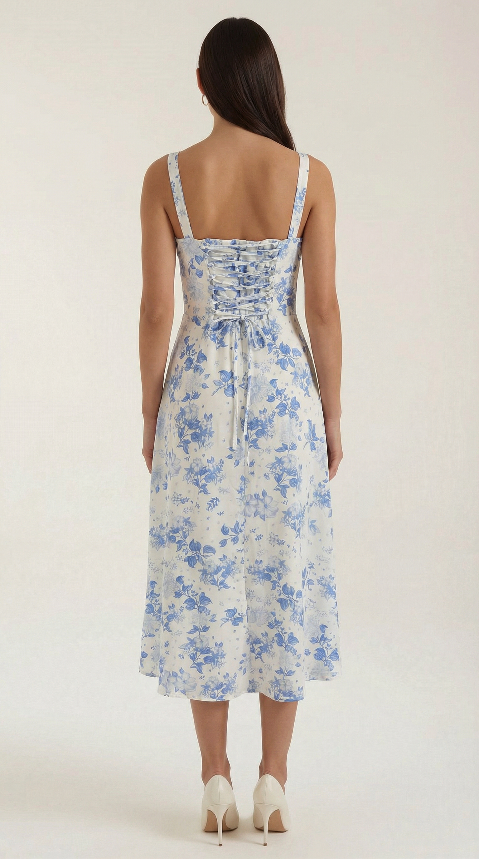 Midi Dress for Women A-Line Vintage Floral Print Heart-Shaped Neck Adjustable Back
