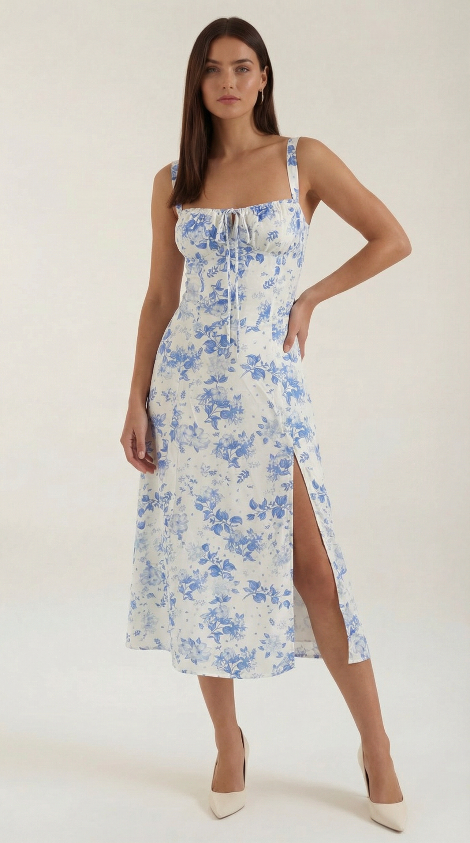Midi Dress for Women A-Line Vintage Floral Print Heart-Shaped Neck Adjustable Back