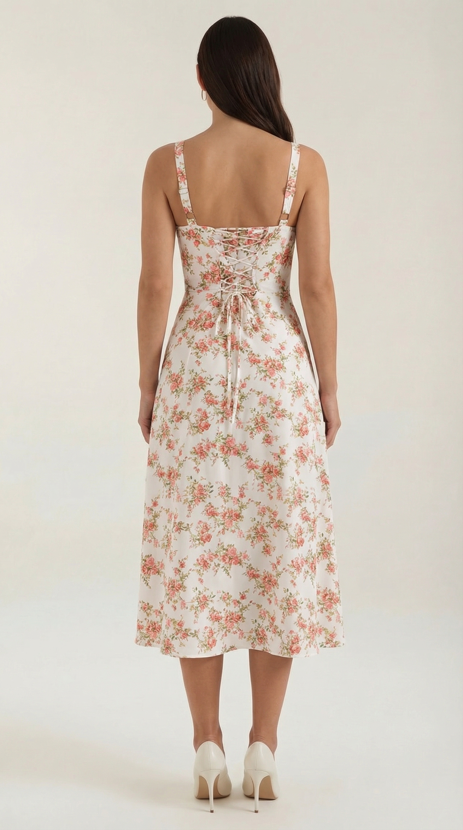 Midi Dress for Women A-Line Vintage Floral Print Heart-Shaped Neck Adjustable Back