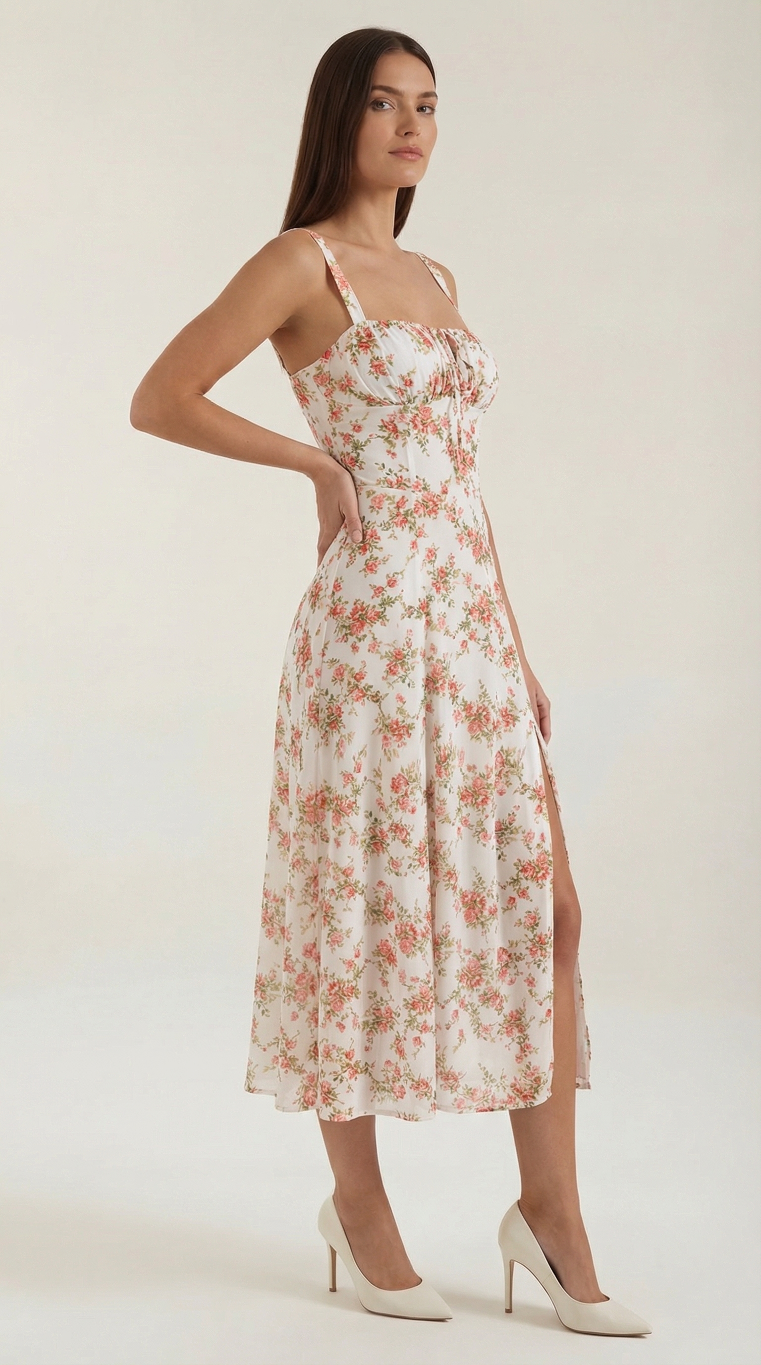 Midi Dress for Women A-Line Vintage Floral Print Heart-Shaped Neck Adjustable Back