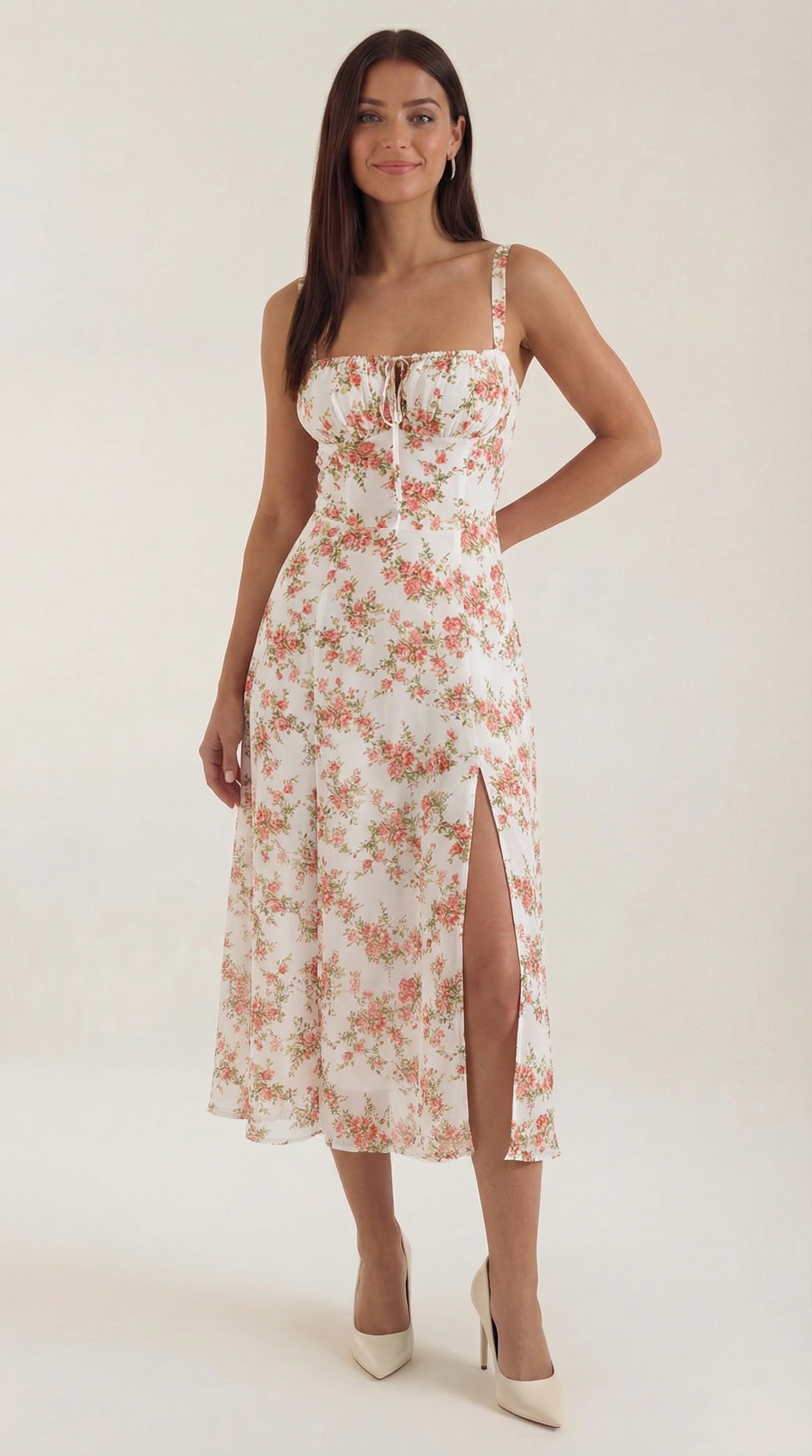 Midi Dress for Women A-Line Vintage Floral Print Heart-Shaped Neck Adjustable Back