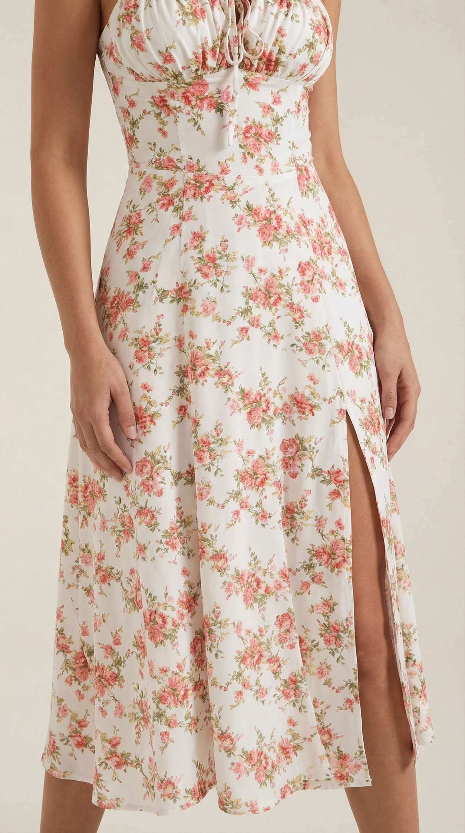Midi Dress for Women A-Line Vintage Floral Print Heart-Shaped Neck Adjustable Back