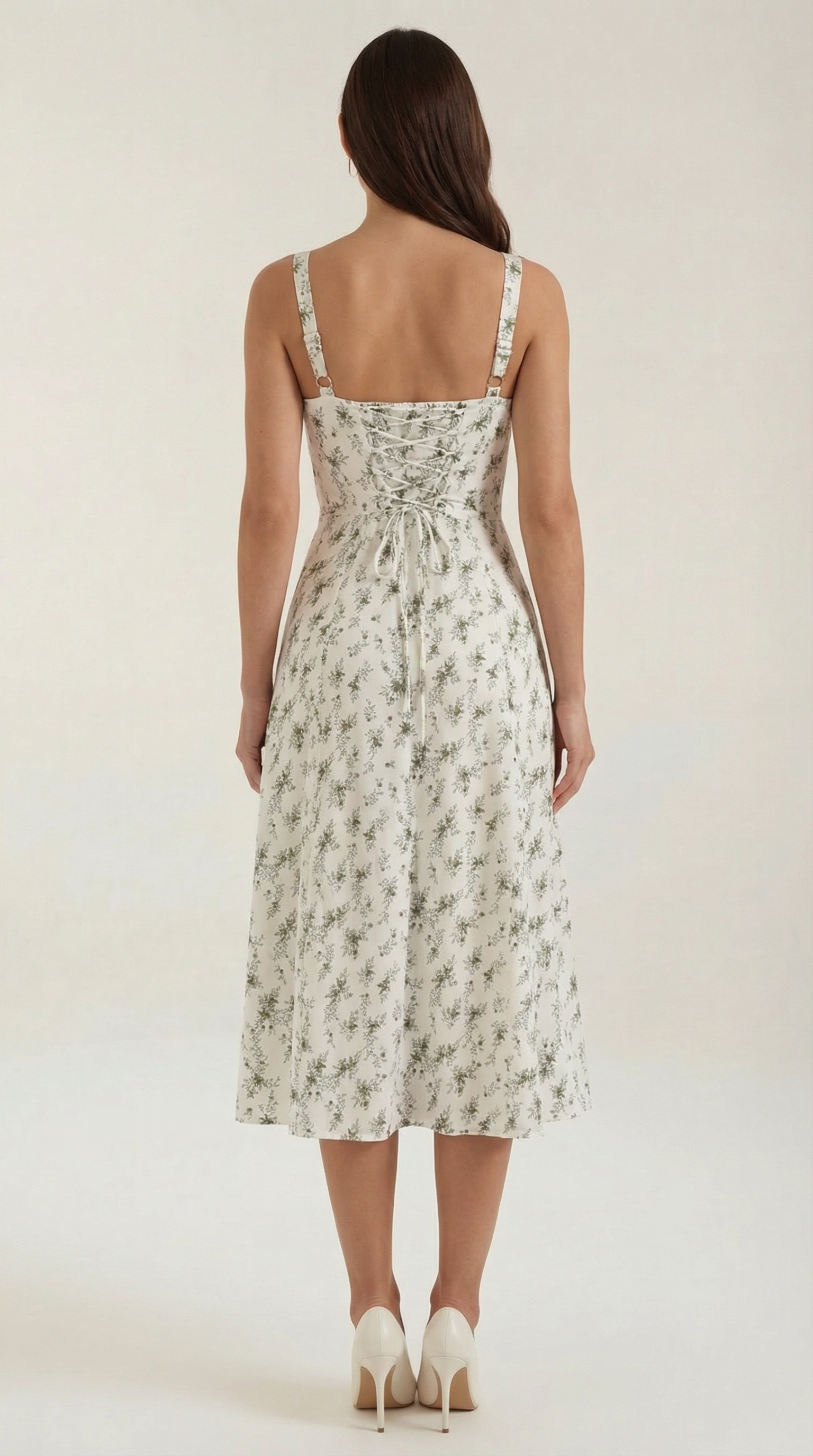 Midi Dress for Women A-Line Vintage Floral Print Heart-Shaped Neck Adjustable Back
