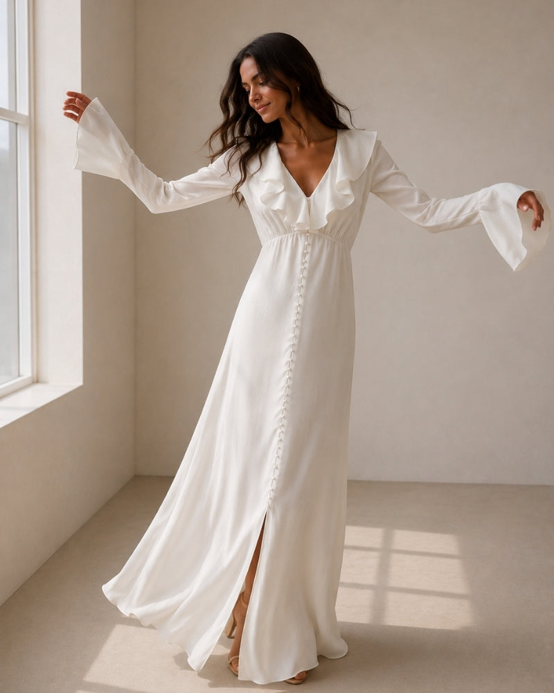Ruffle Midi Dress Ladies Elegant Evening Dress Long Sleeves