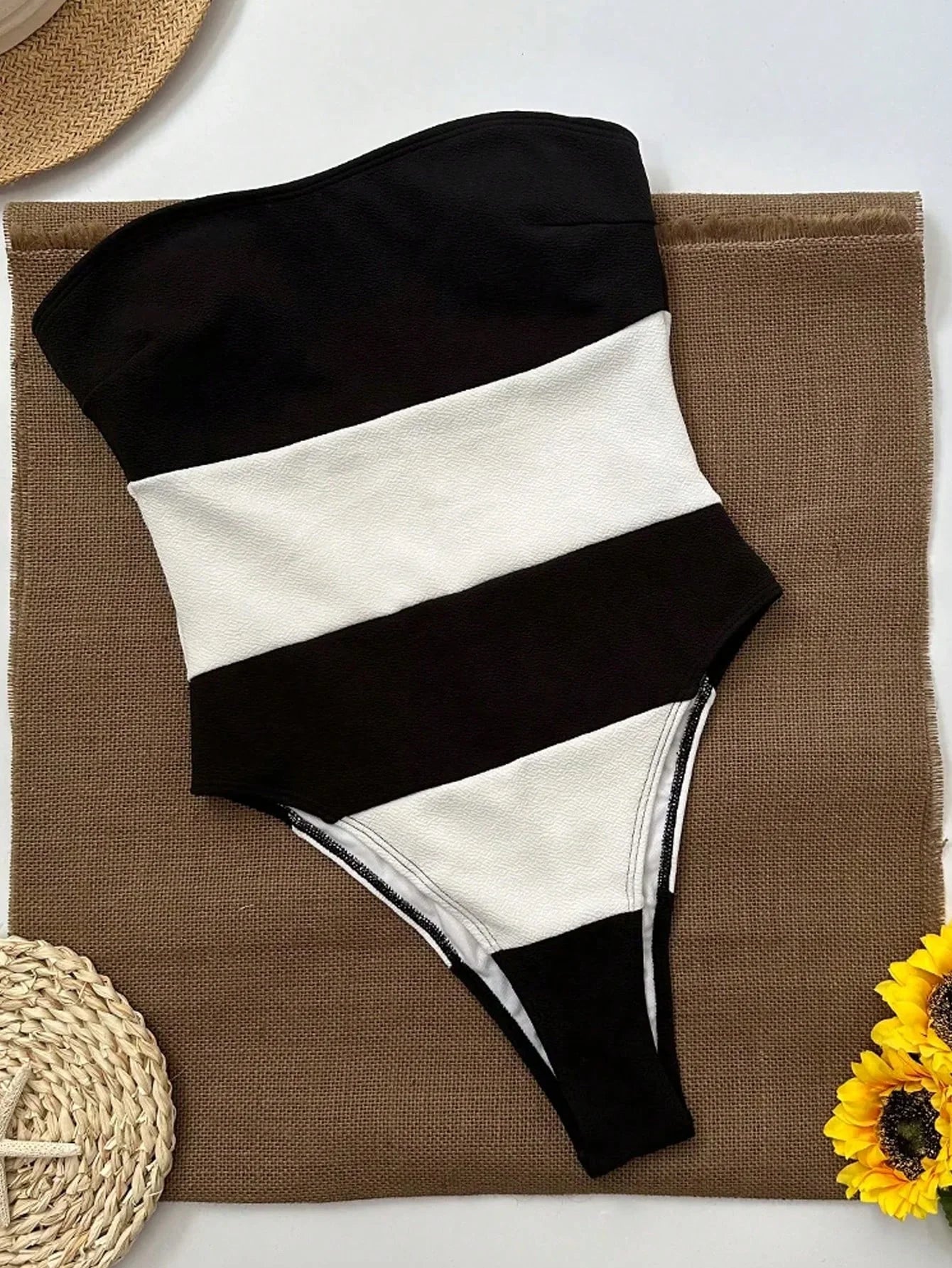 Strapless Jumpsuit for Women with High Leg Cut and Contrast Stripes