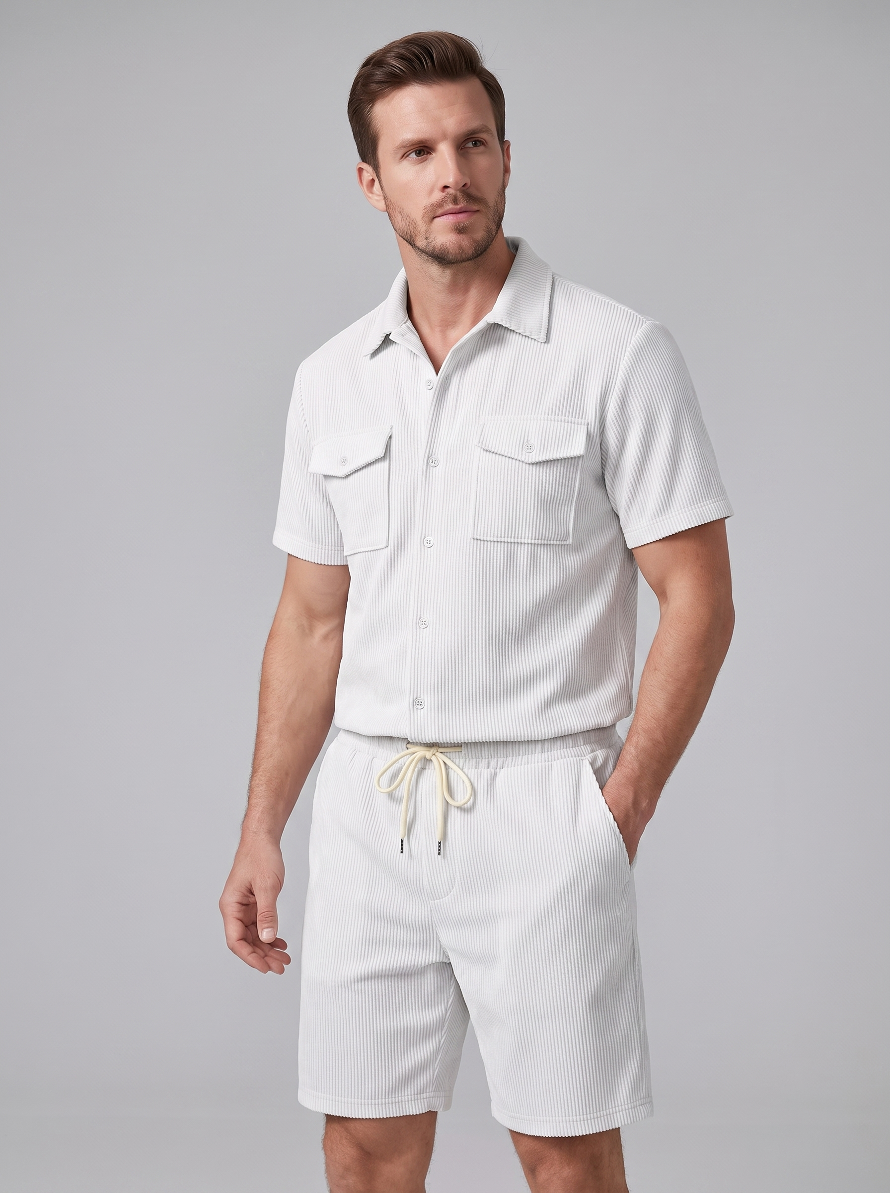 Shirt Shorts Set Heren Ribgebreide Streep Casual