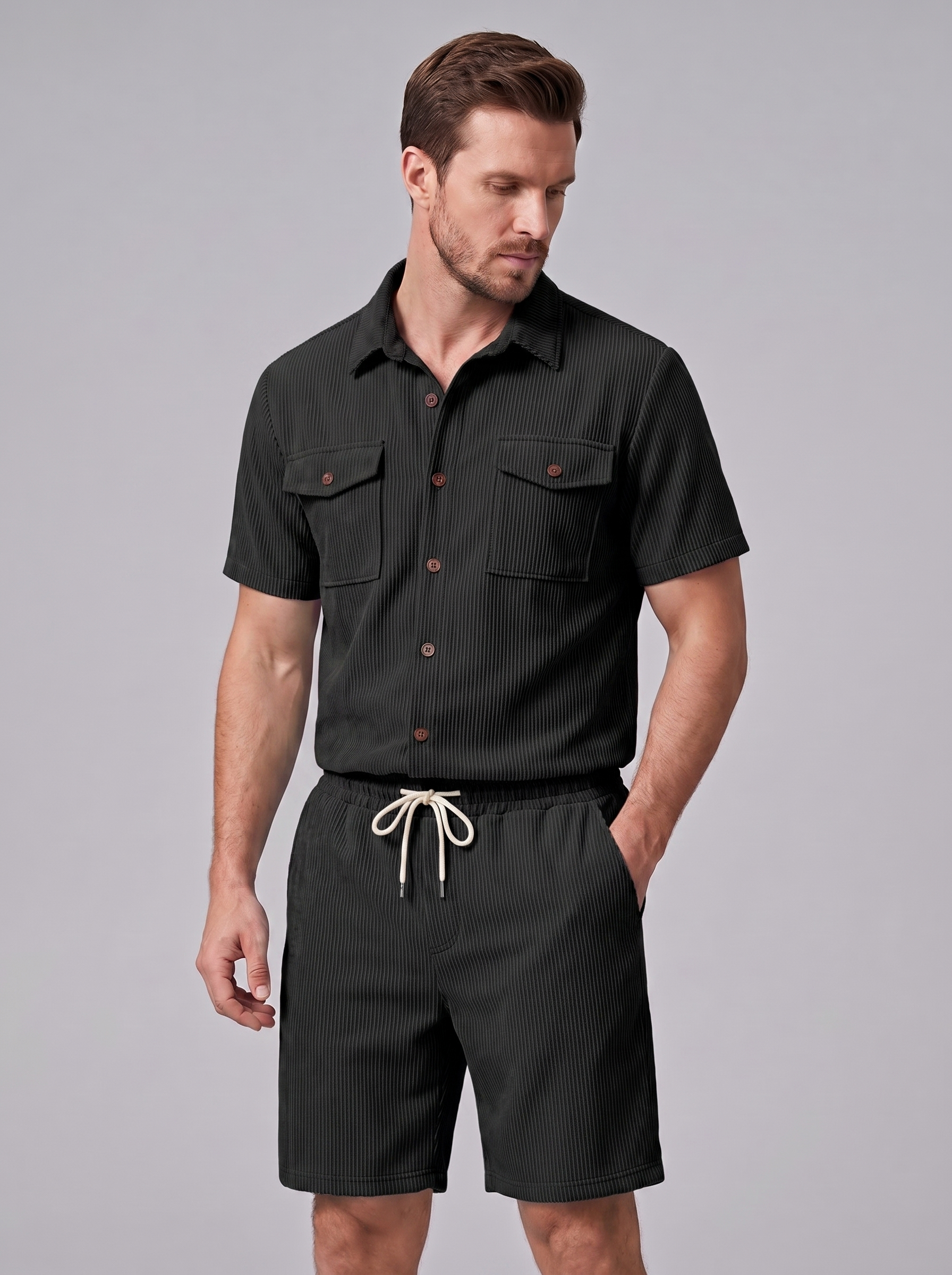 Shirt Shorts Set Heren Ribgebreide Streep Casual
